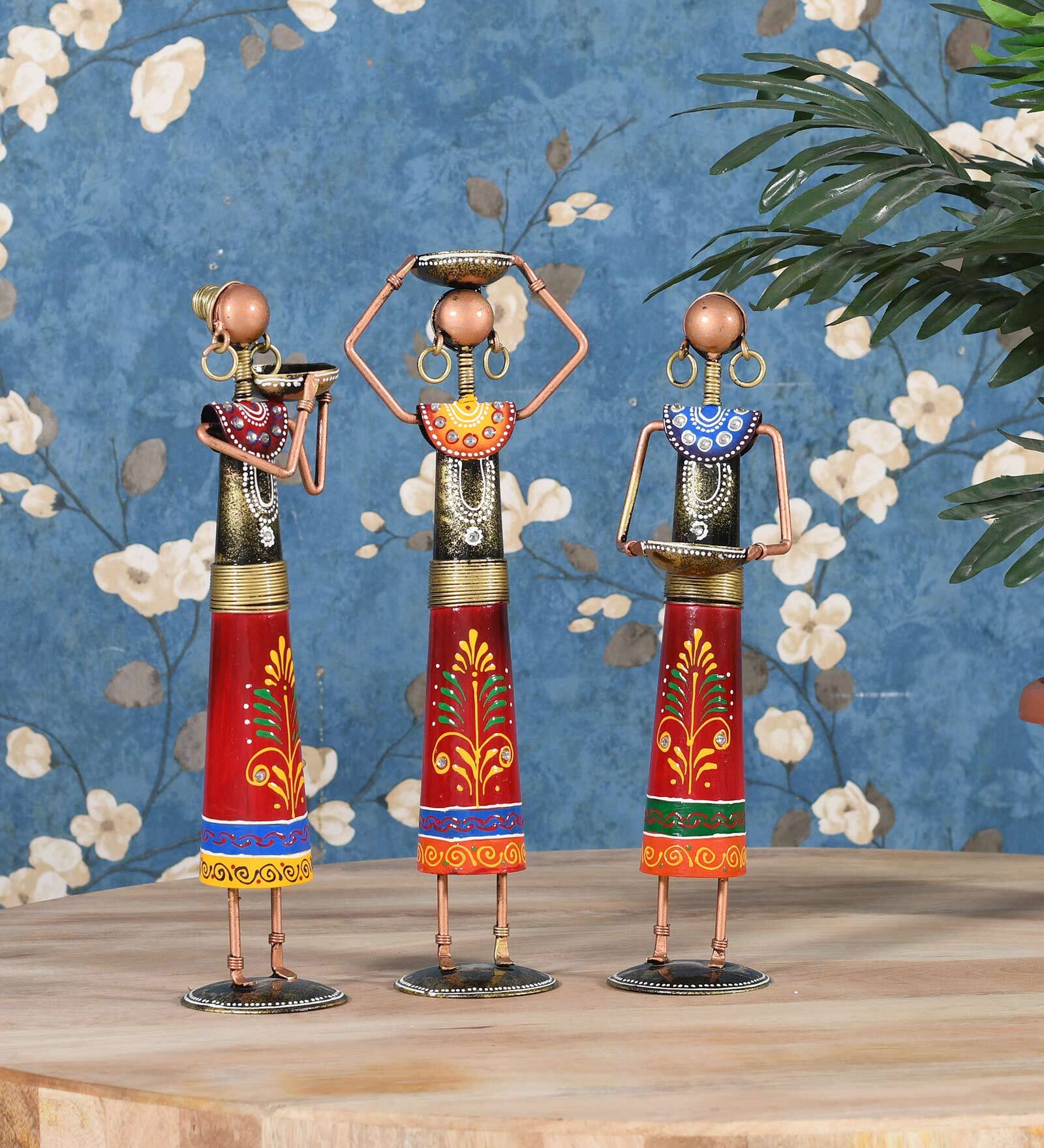 Multiclolour Iron Rural Lady Set Of 3