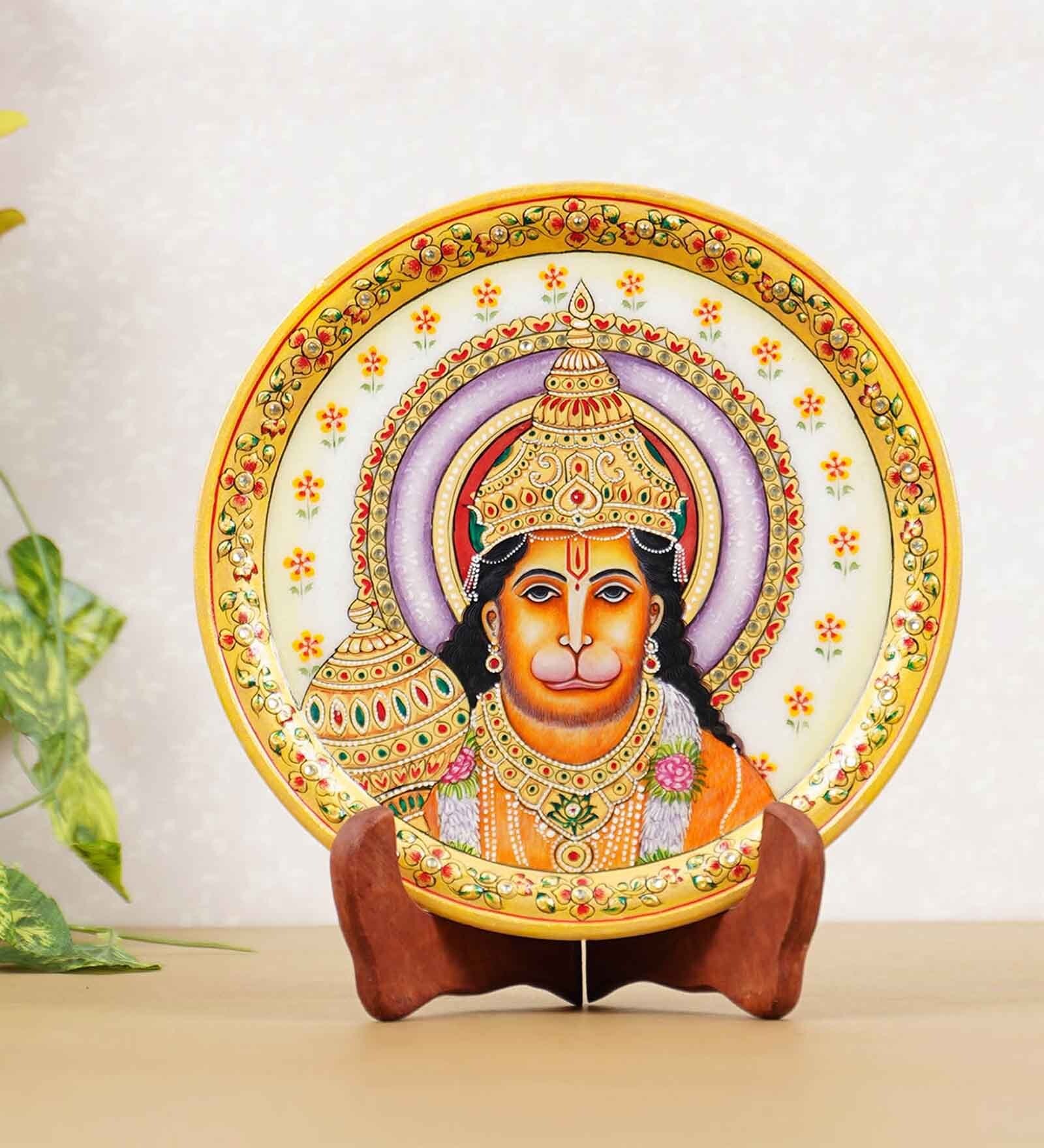 Multiclor Marble Hanuman Round Plate with stand