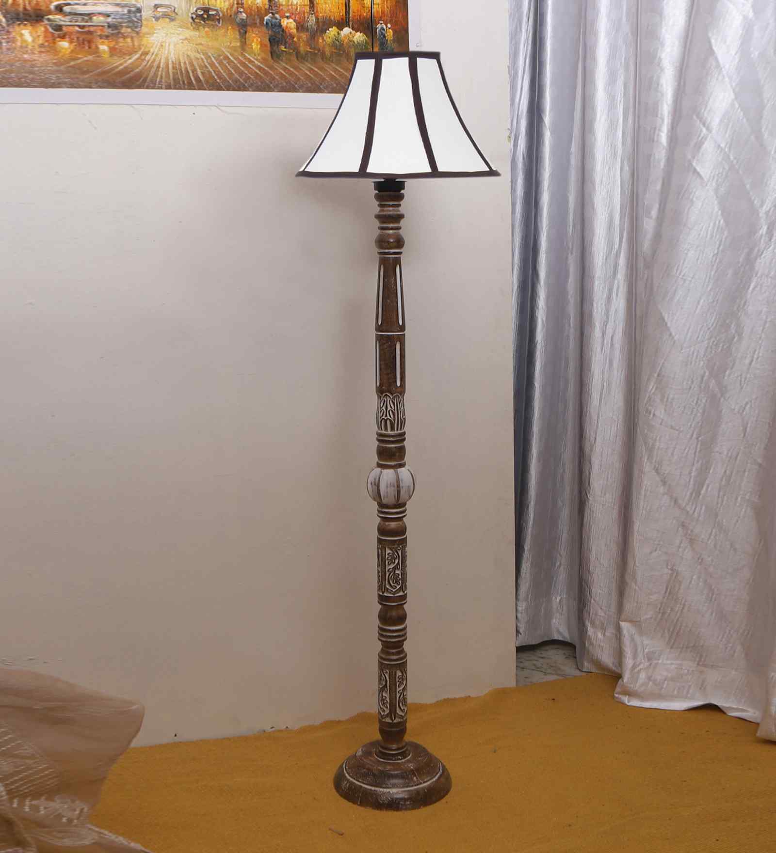 Multiclored Cotton Wooden Floor Lamp