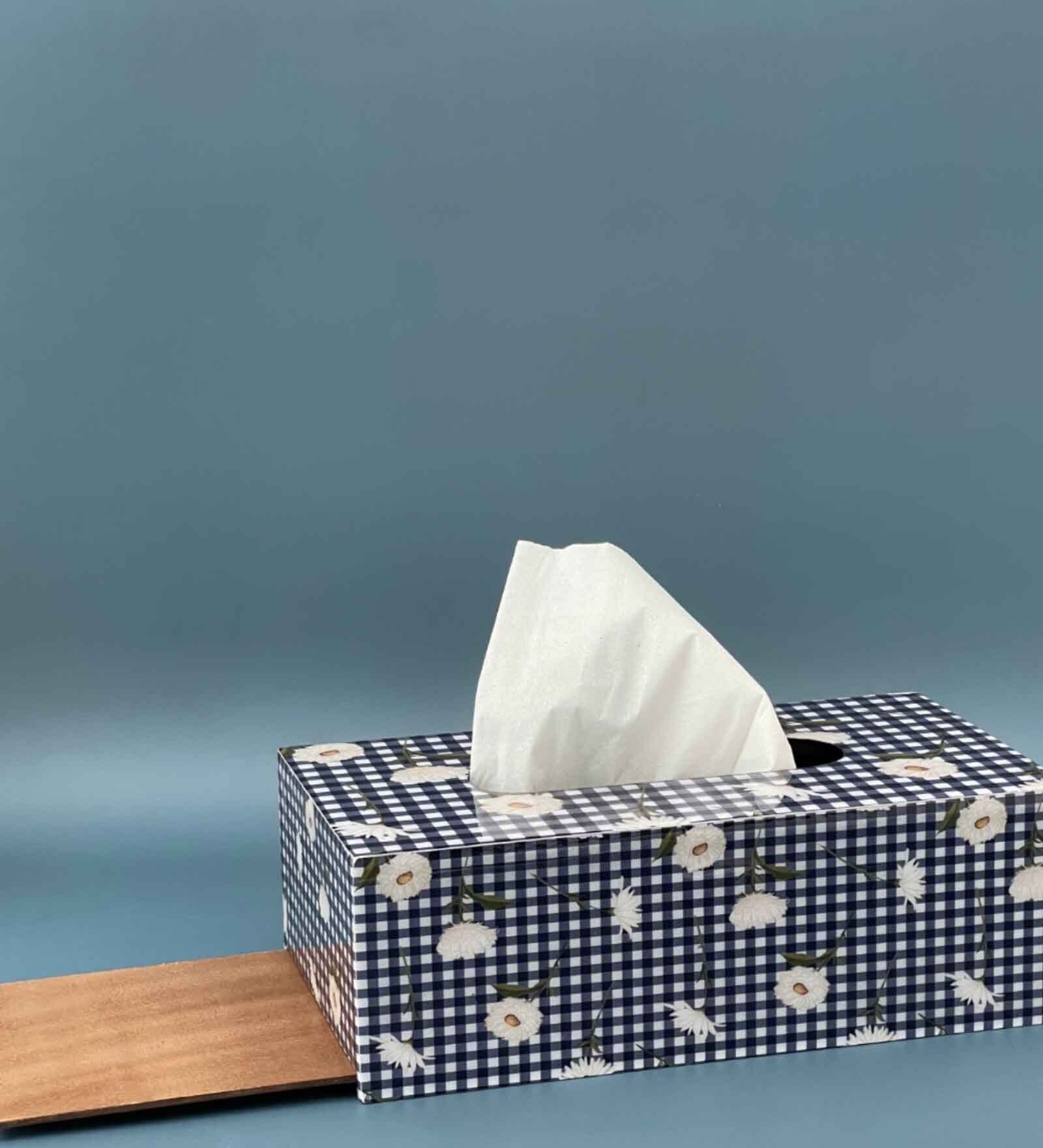 Blue Megurite Resin Printed Wooden Tissue Paper Holder Box for Dining Room