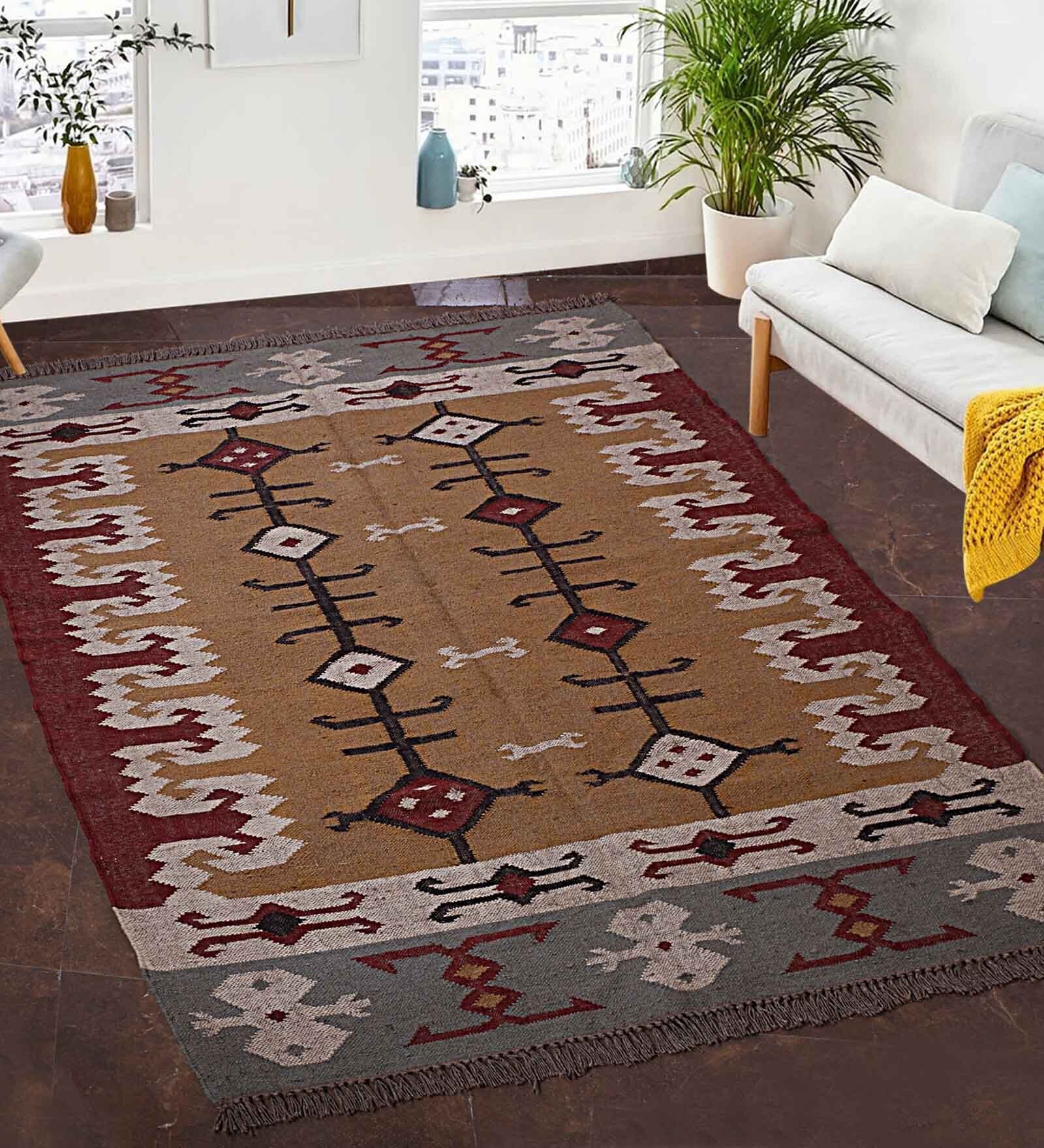 Multicolor Wool & Jute 5 ft X 8 ft Hand Woven Dhurrie