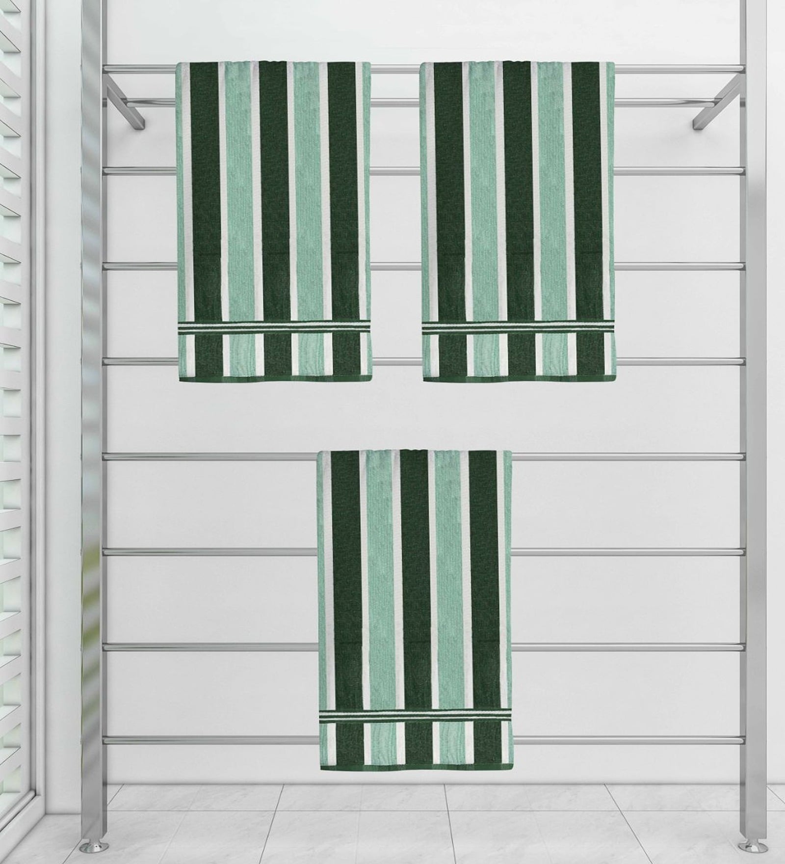 Green 100 % Cotton Patterned 220 GSM Bath Towels (set of 3)