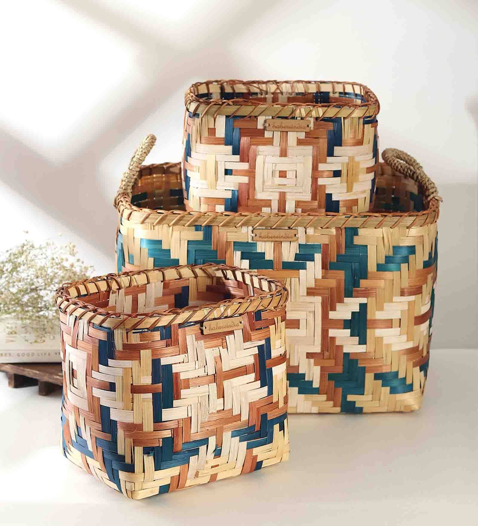 Multicolor  Bamboo Solid 14.57 x 11.02 Inches Storage Basket
