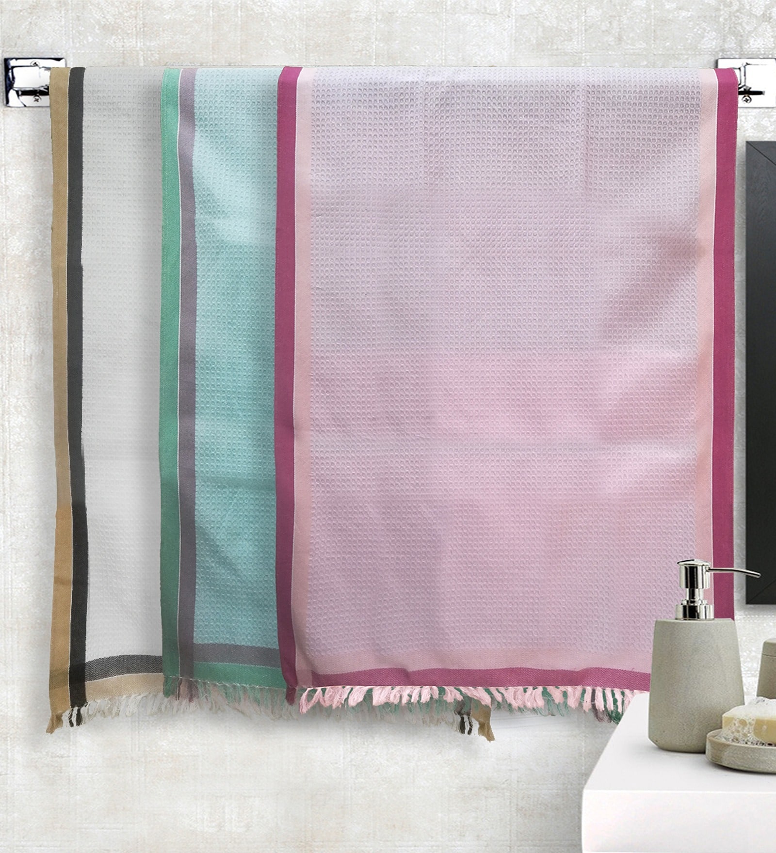 Multicolor 100% Cotton Solid 220 GSM Towels (set of 3)