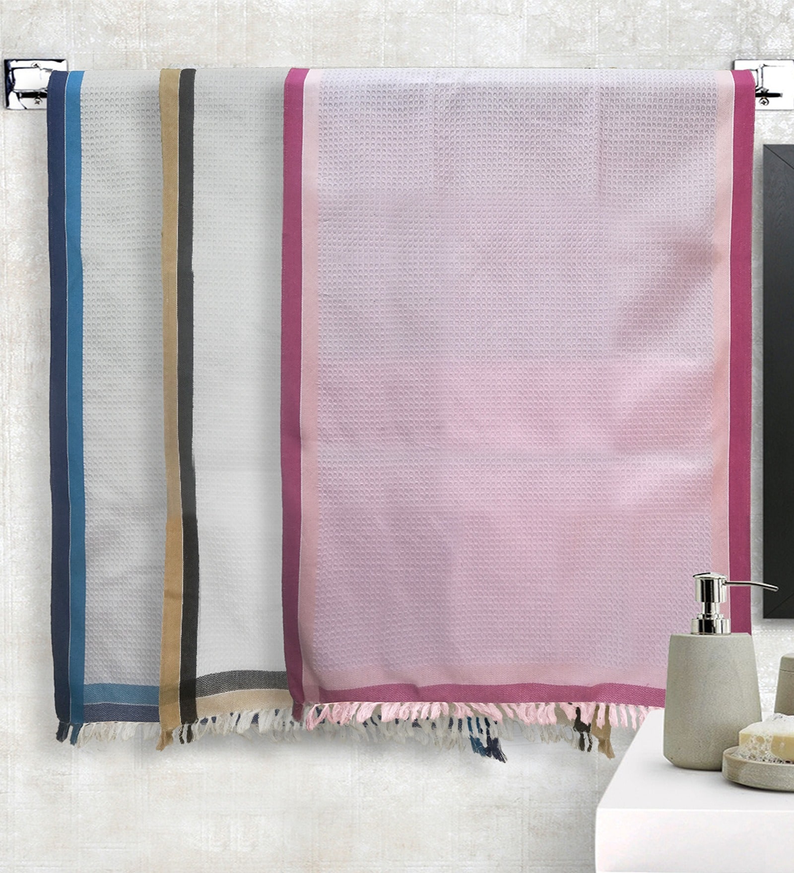 Multicolor 100% Cotton Solid 220 GSM Towels (set of 3)