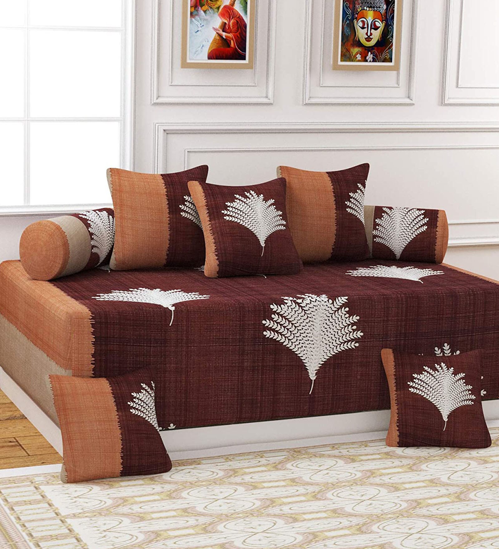 Brown 144 TC Polyester 8 Pieces Diwan Set