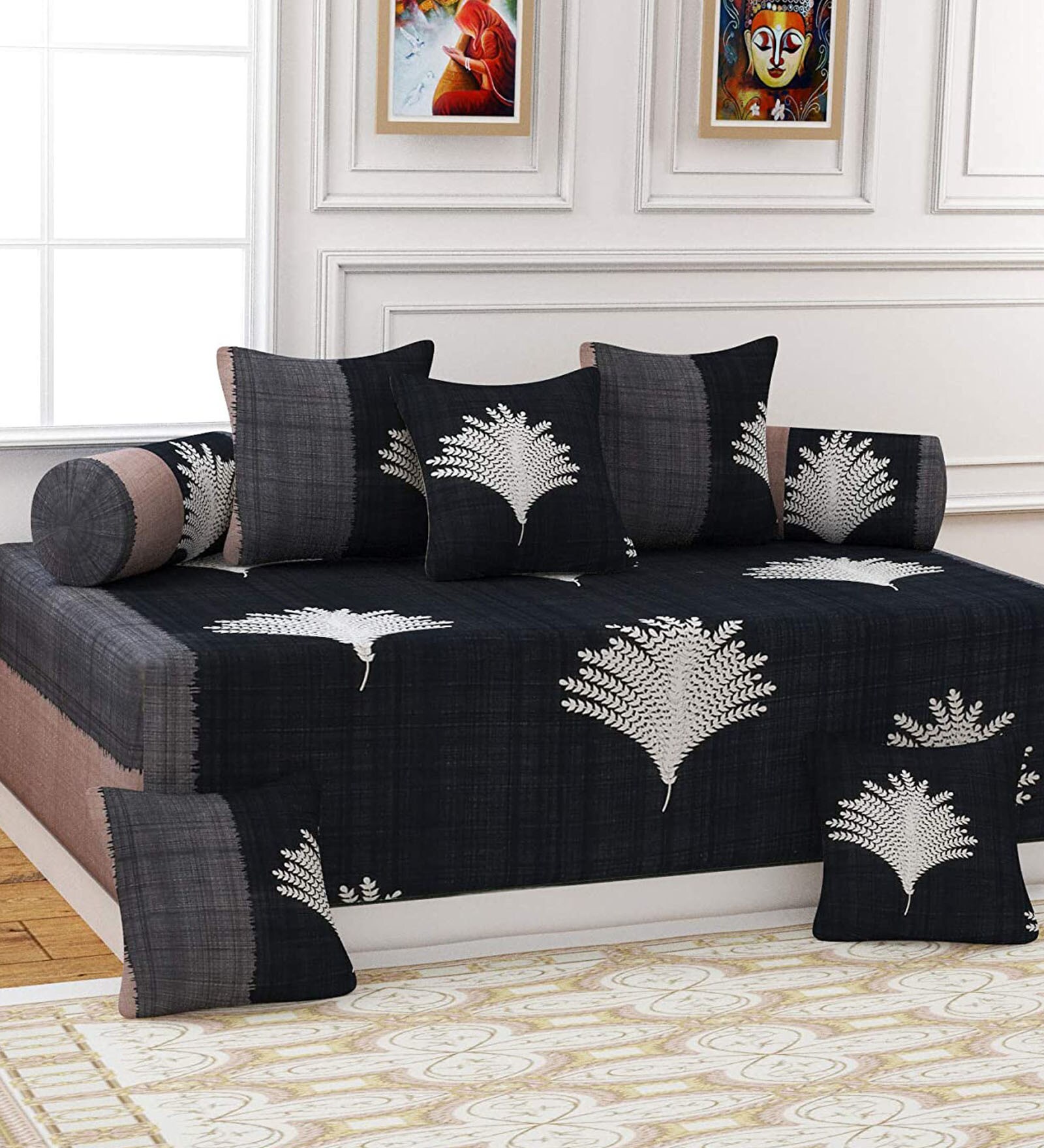 Black 144 TC Polyester 8 Pieces Diwan Set