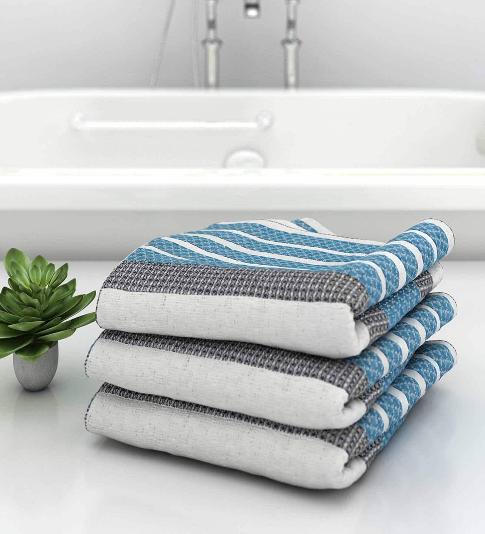 Blue Diamond Flower  210 GSM 100% Cotton Bath Towel (Set of 3)