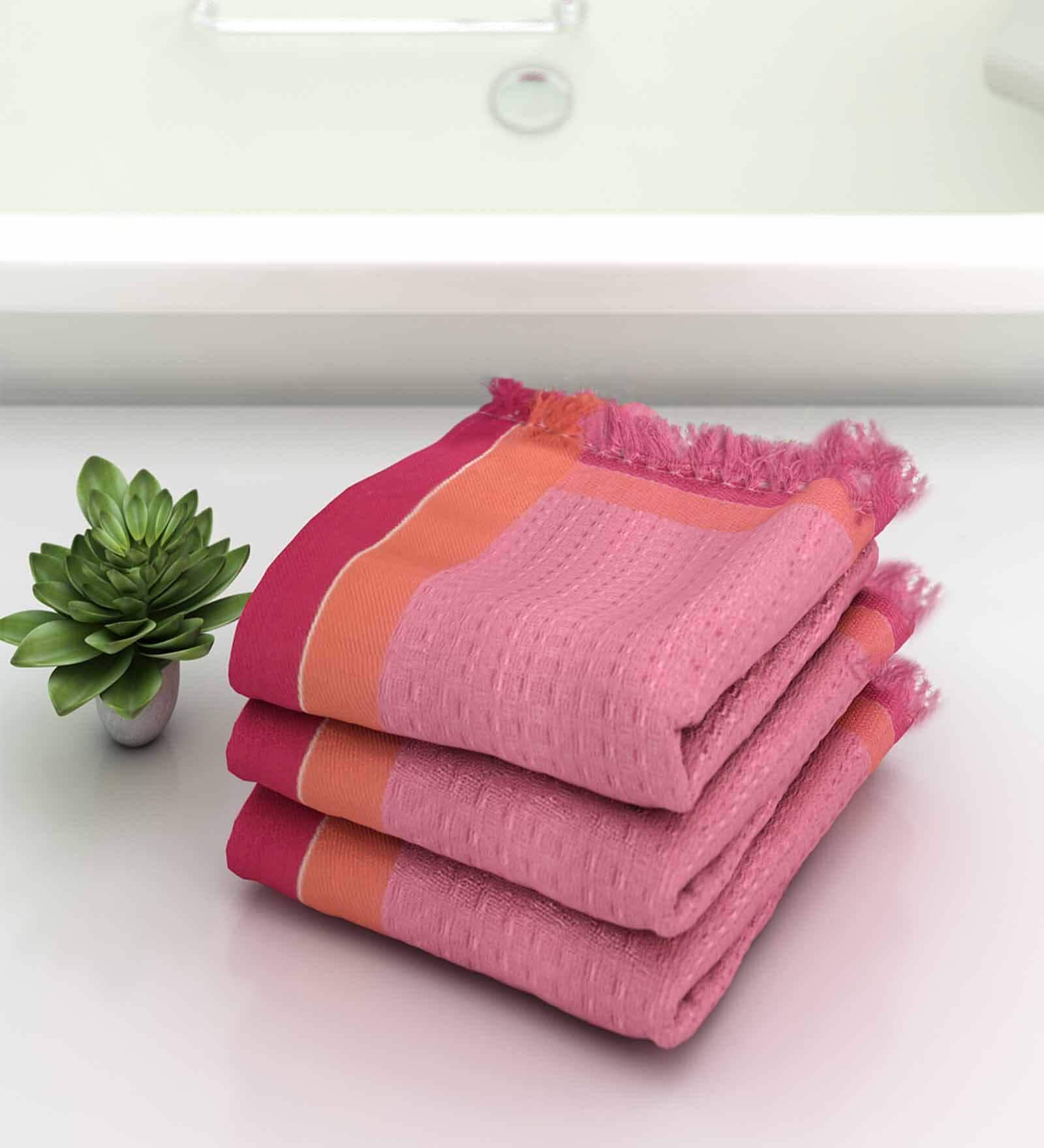 Pink Waffle Border  210 GSM 100% Cotton Bath Towel (Set of 3)