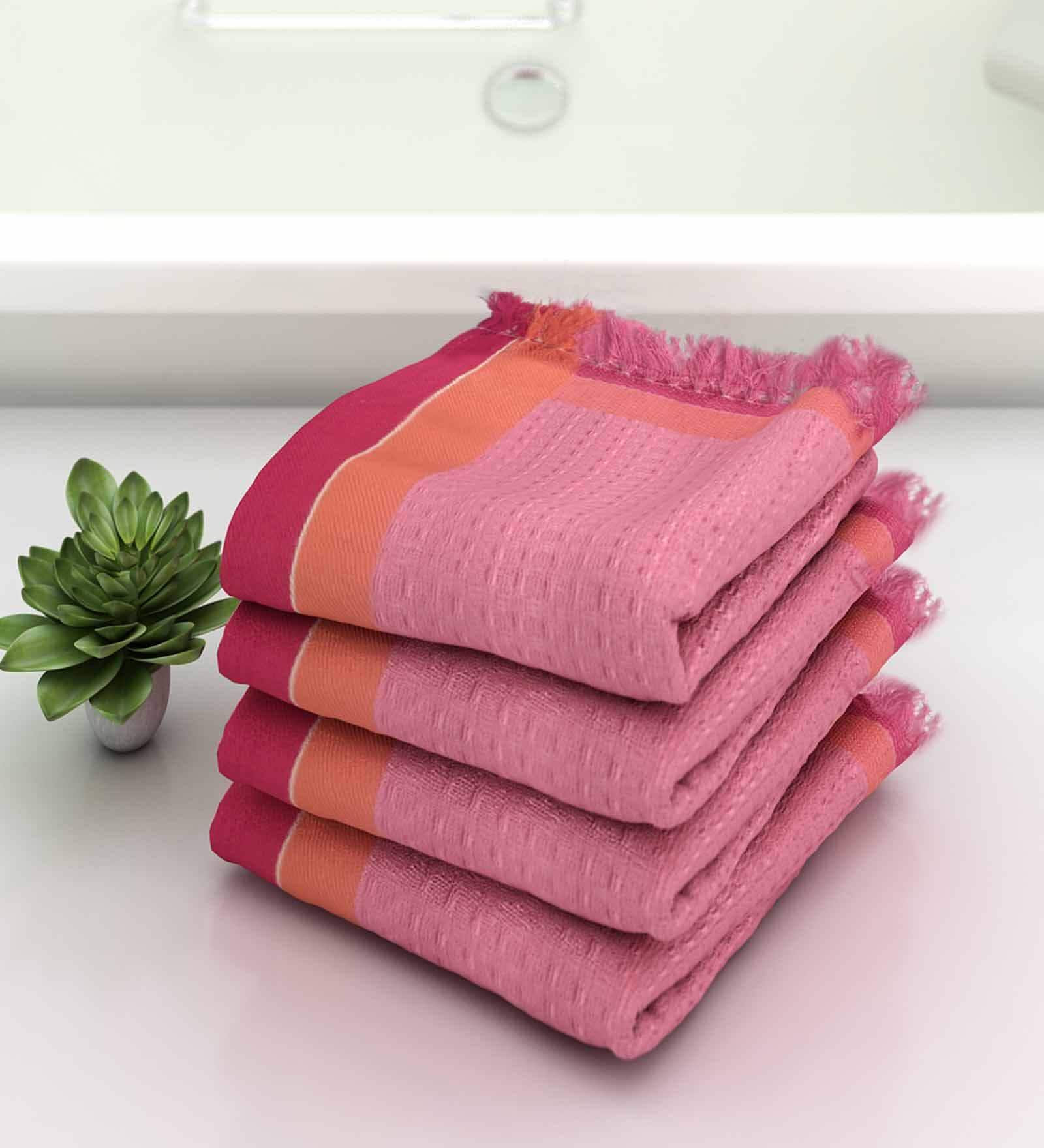 Pink Waffle Border  210 GSM 100% Cotton Bath Towel (Set of 4)