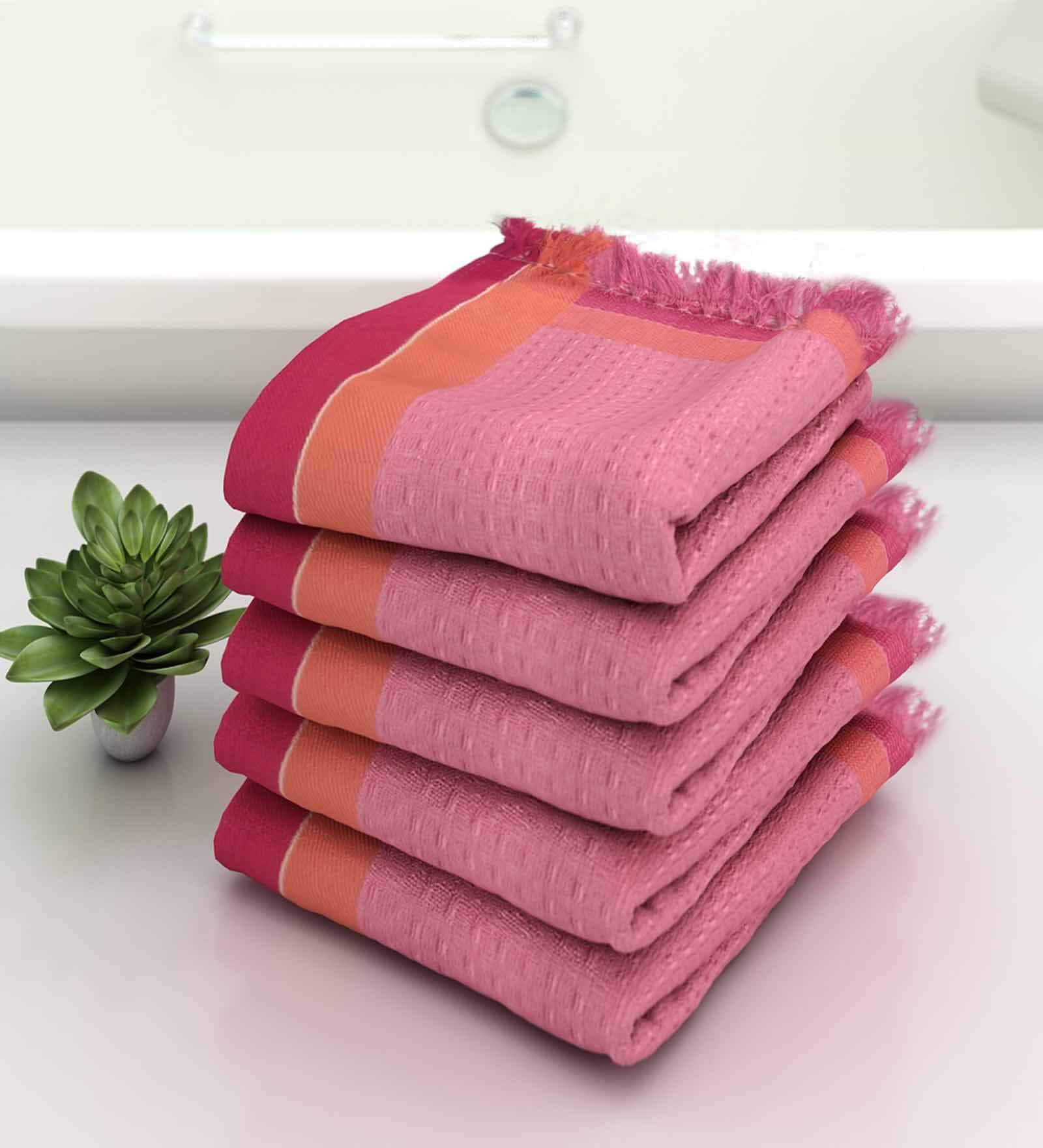 Pink Waffle Border  210 GSM 100% Cotton Bath Towel (Set of 5)