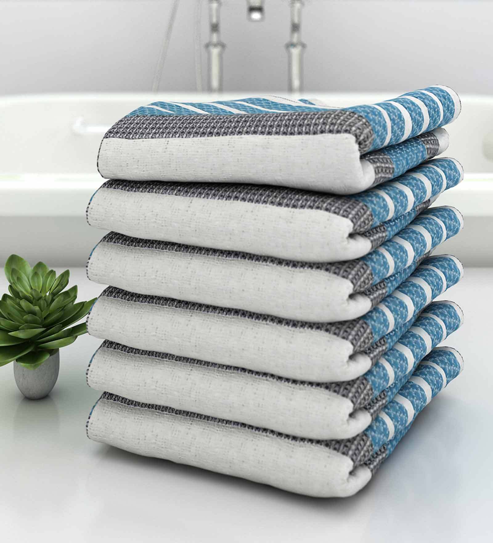 Blue Diamond Flower  210 GSM 100% Cotton Bath Towel (Set of 6)