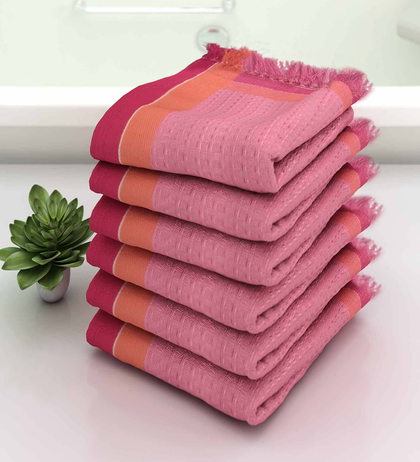 Pink Waffle Border  210 GSM 100% Cotton Bath Towel (Set of 6)