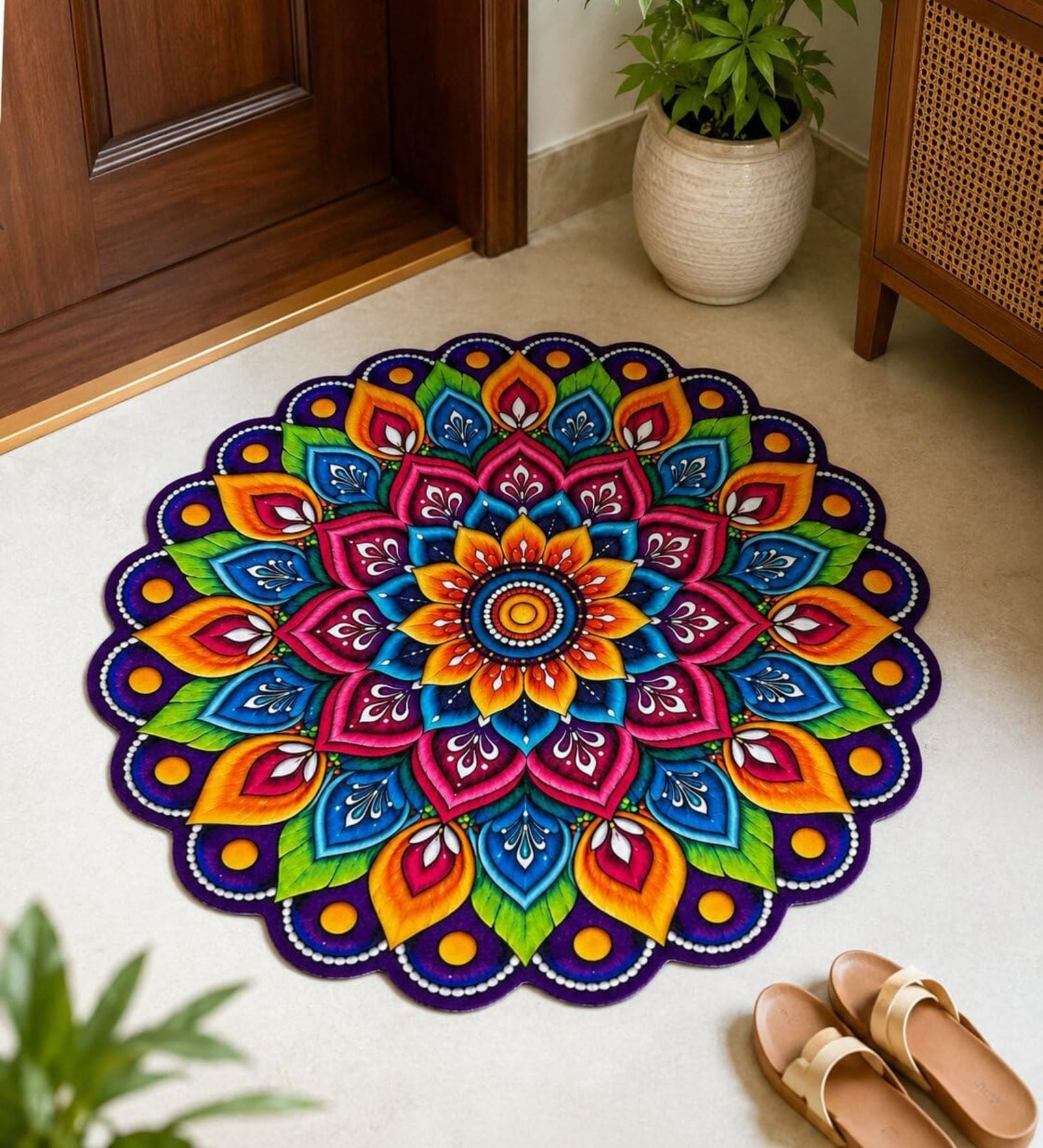 Multicolor 23x23 Inch Peacock Feather Mandala 7D Rubber Printed Rangoli Floor Mat