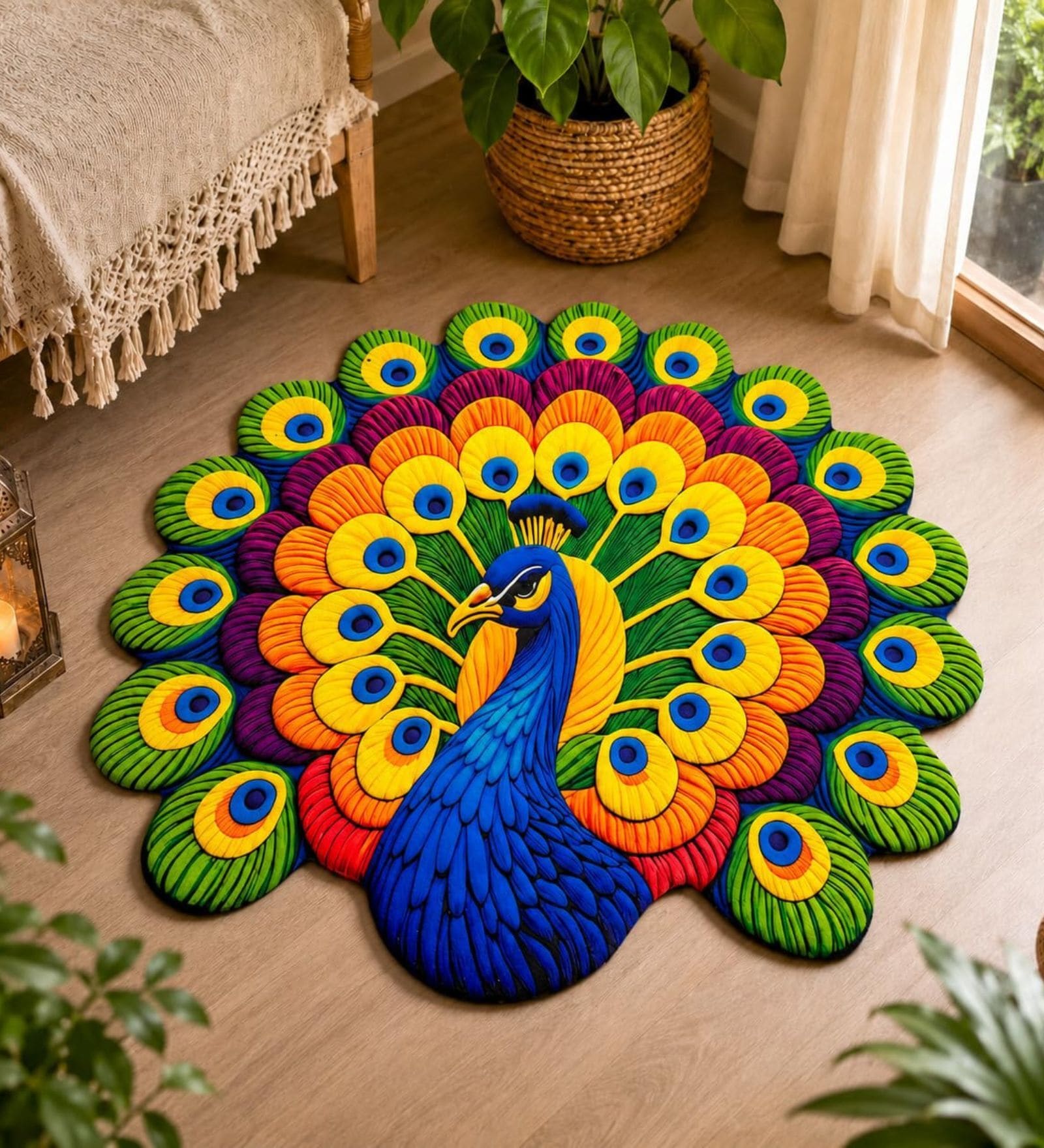 Multicolor 23x23 Inch Peacock Floral 7D Rubber Printed Rangoli Floor Mat