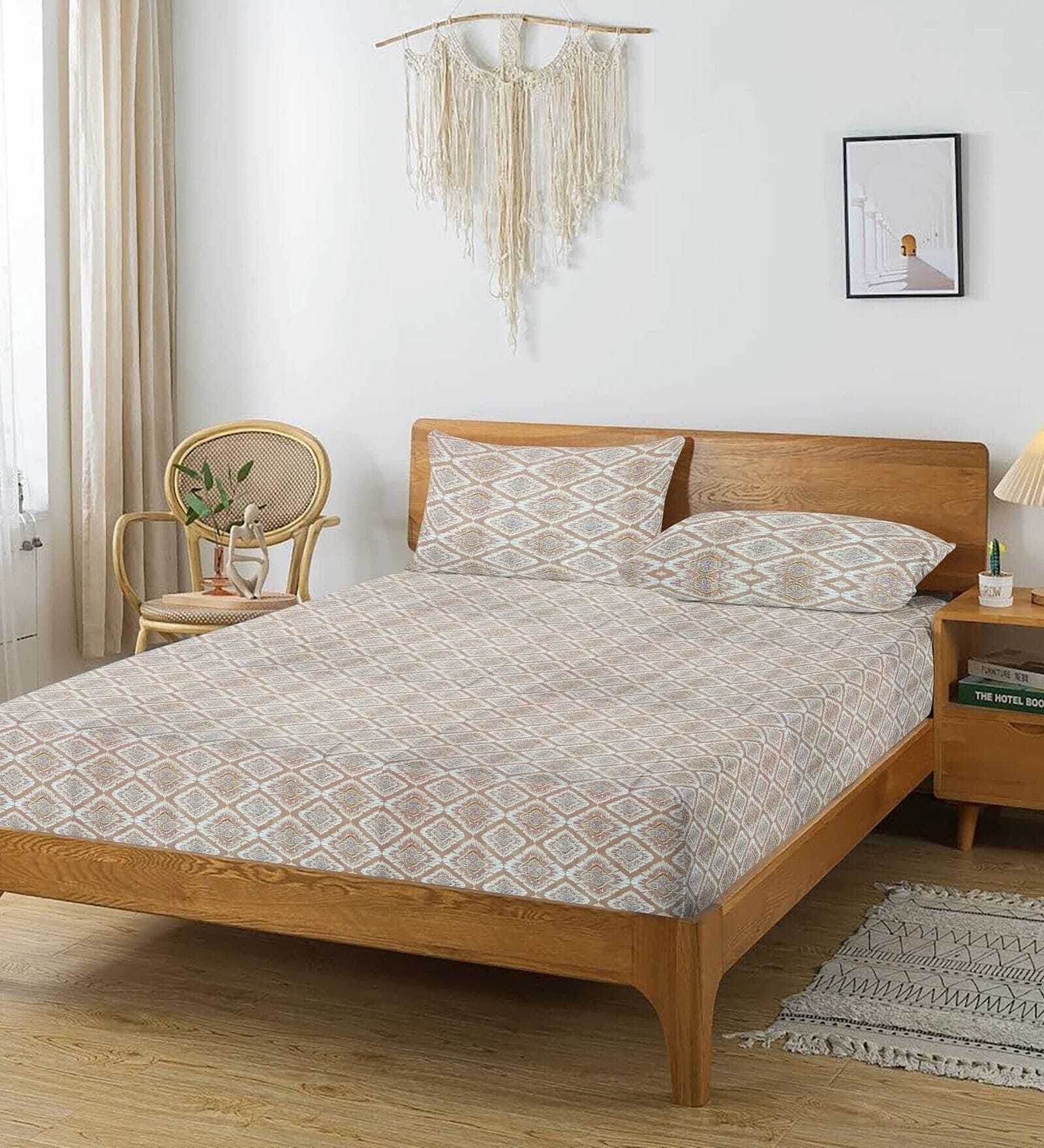 Beige Abstract 144 TC Cotton King Flat Bedsheet With 2 Pillow Covers