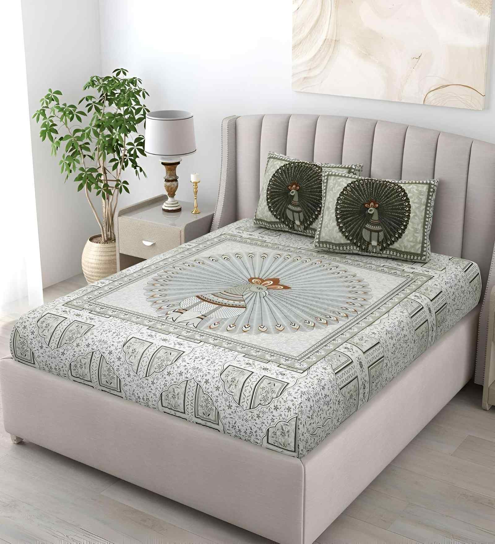 Green Abstract 180 TC Cotton King Sized Bedsheet with 2 Pillow Covers