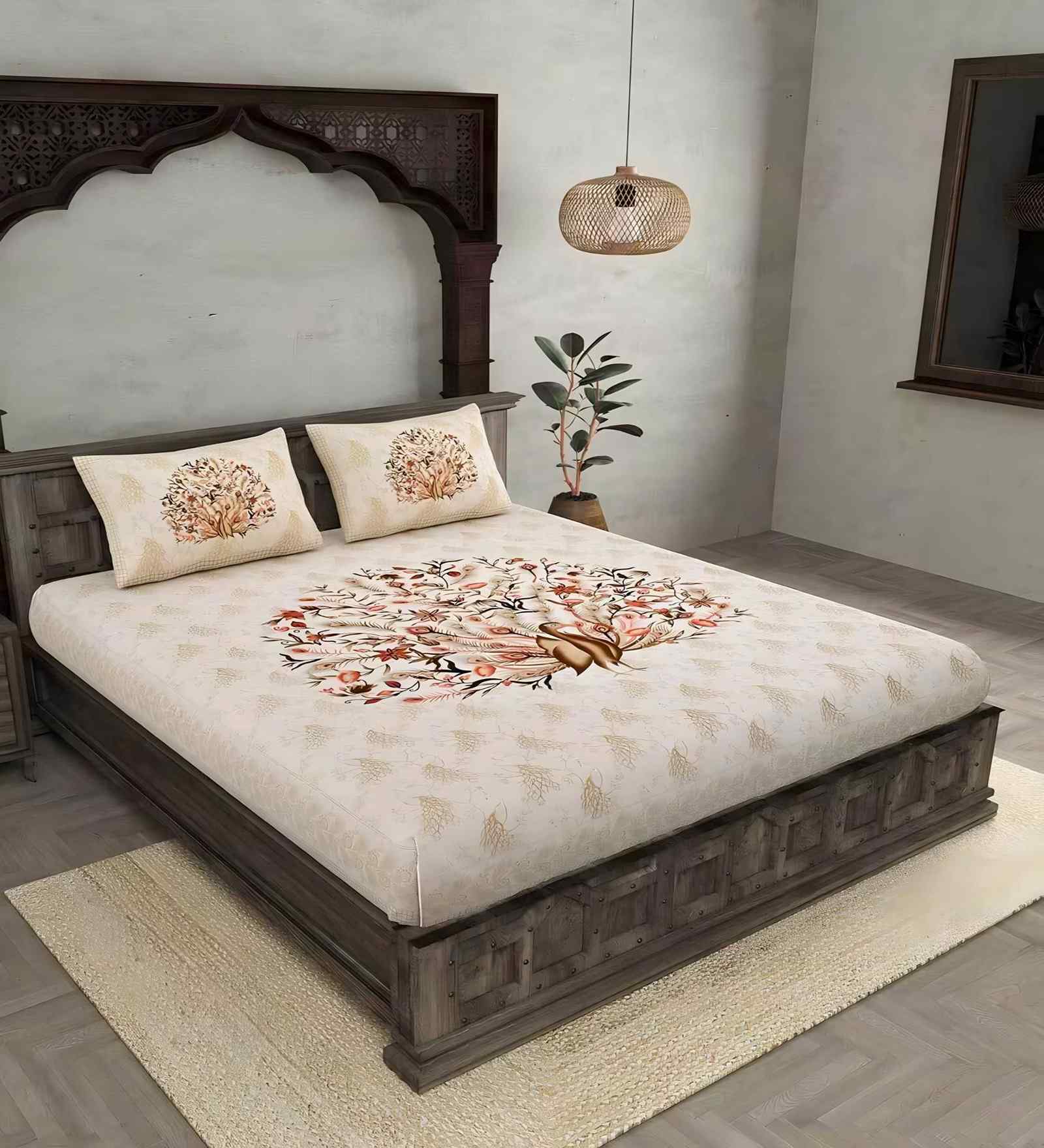 Brown Pecock 180 TC Cotton King Sized Bedsheet with 2 Pillow Covers