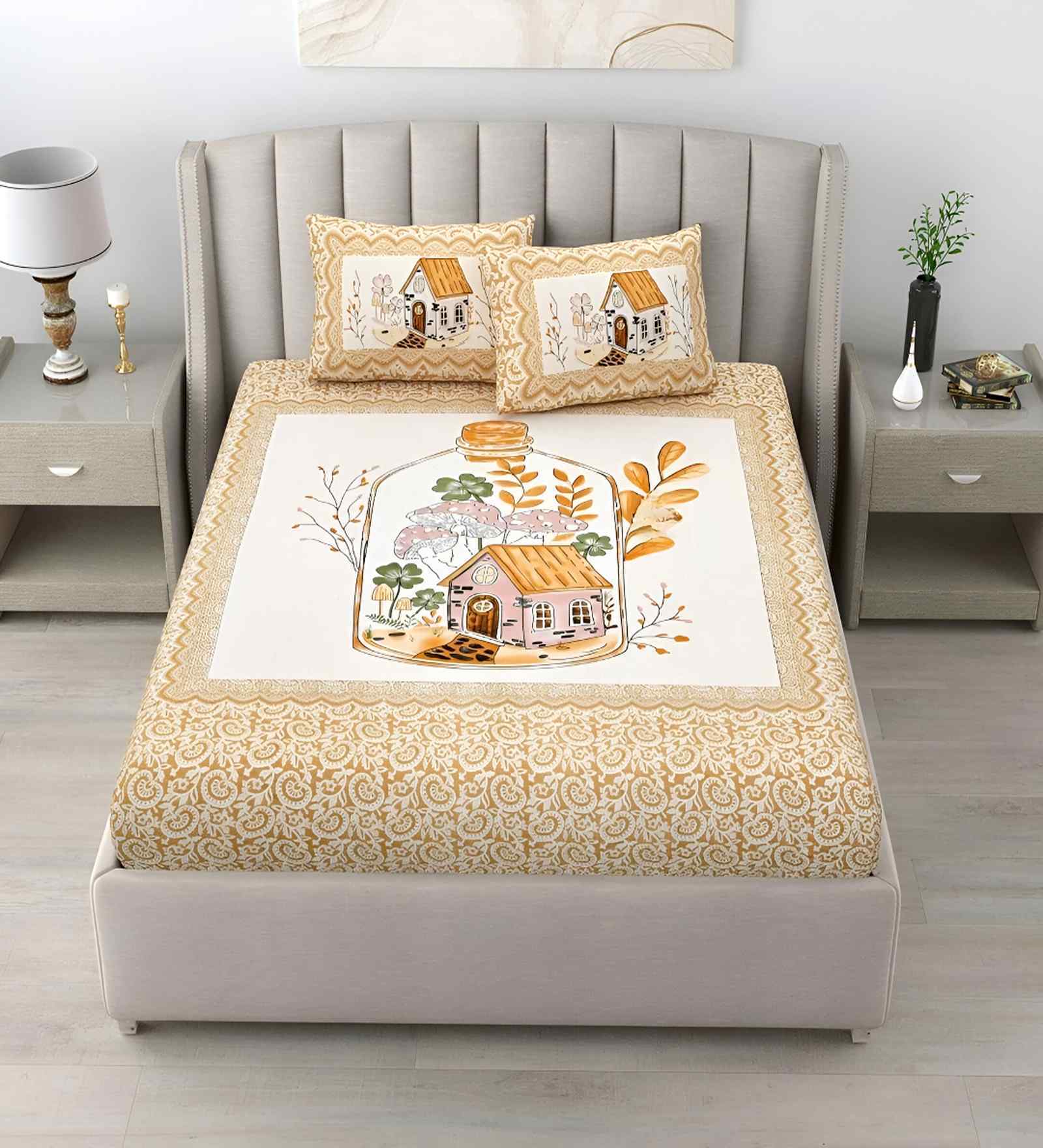 Yellow Abstract 180 TC Cotton King Sized Bedsheet with 2 Pillow Covers