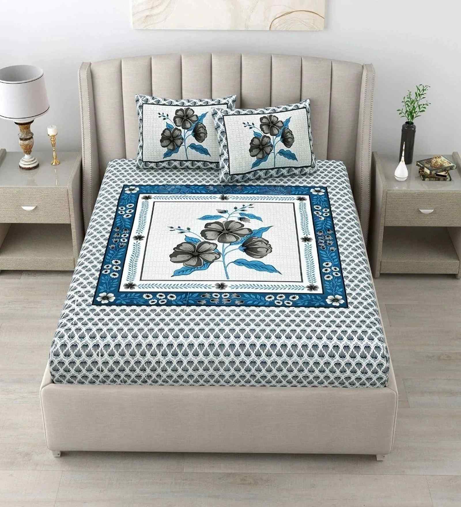 Blue Flower 180 TC Cotton King Sized Bedsheet with 2 Pillow Covers