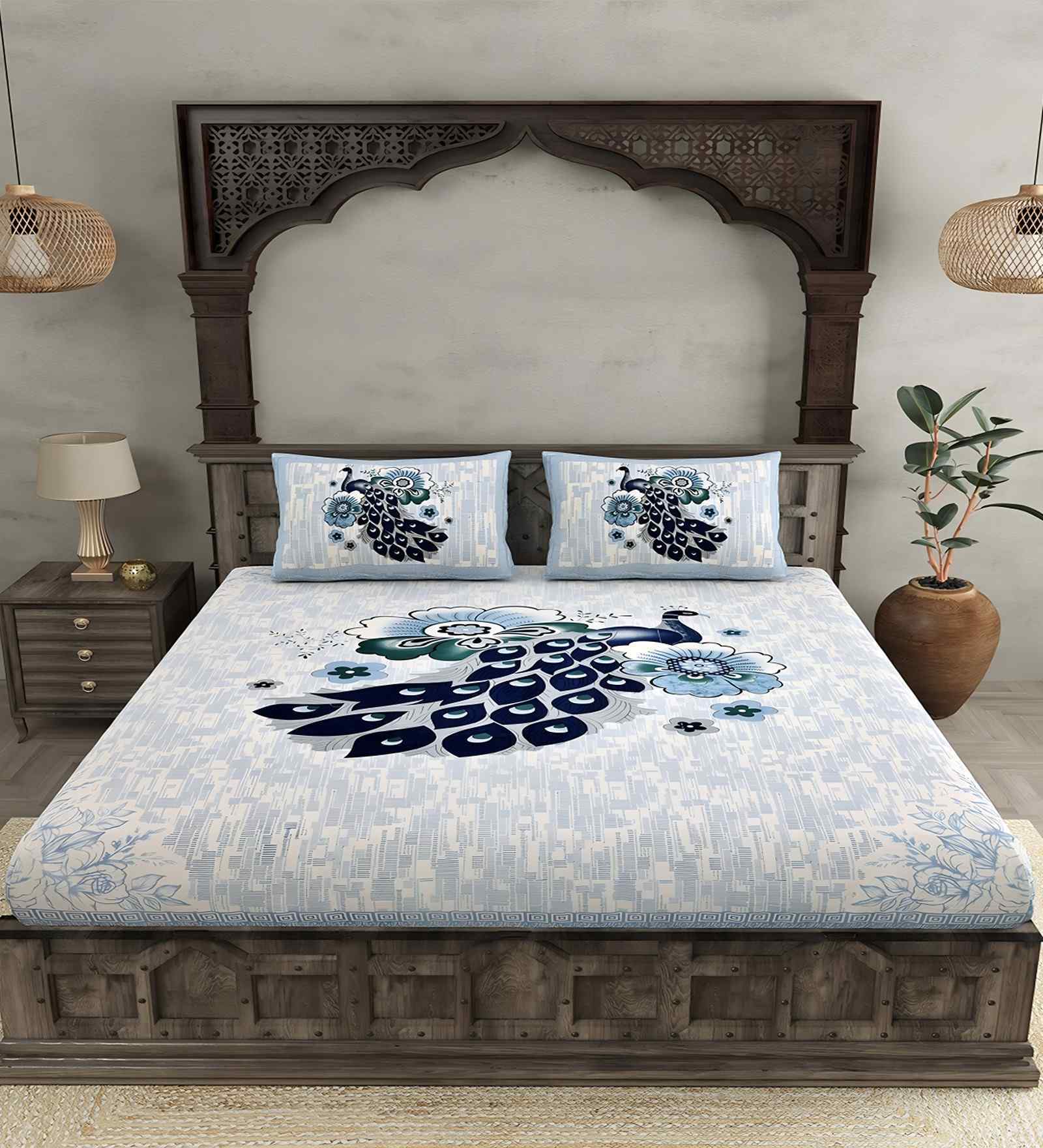 Multicolor Pecock 180 TC Cotton King Sized Bedsheet with 2 Pillow Covers