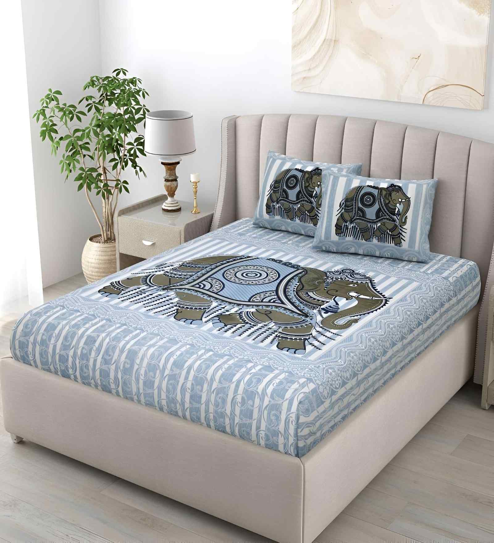 Blue Elephant 180 TC Cotton King Sized Bedsheet with 2 Pillow Covers