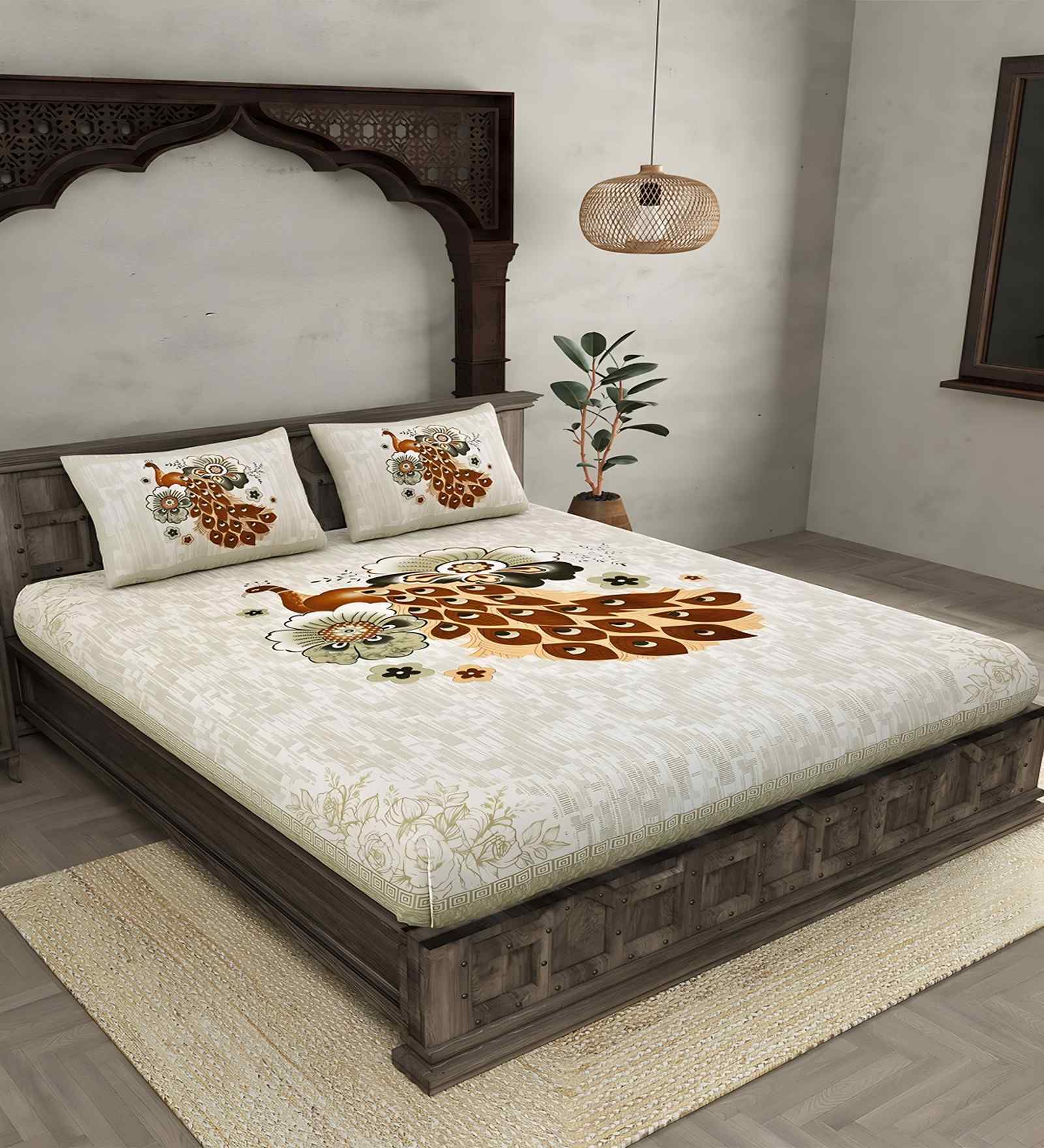 Brown Pecock 180 TC Cotton King Sized Bedsheet with 2 Pillow Covers