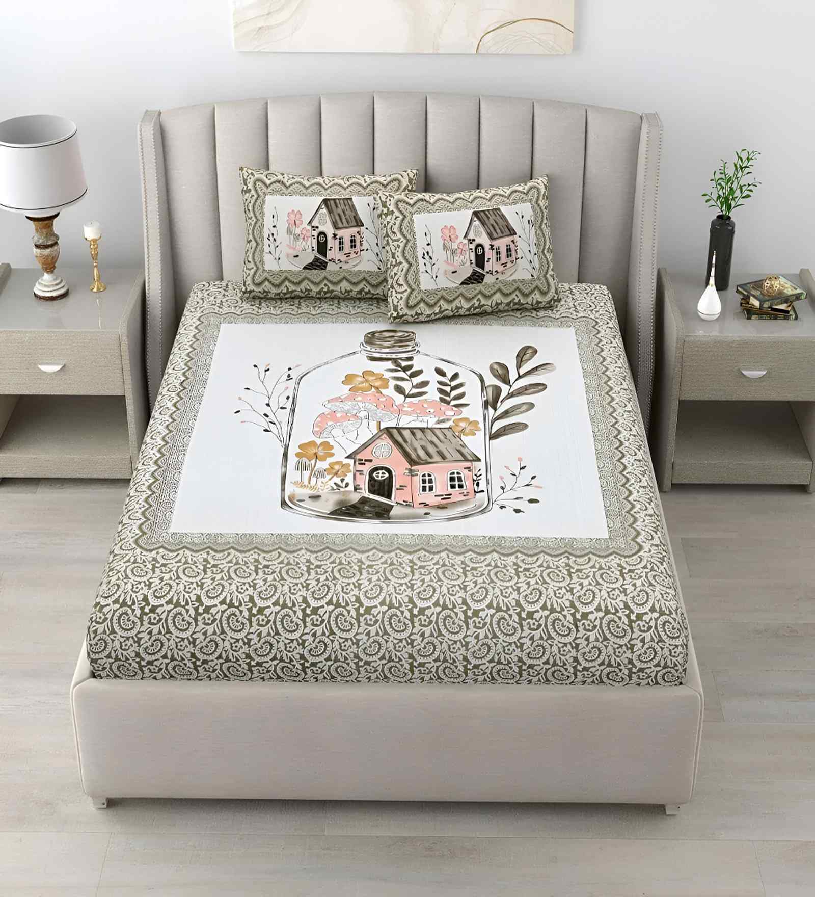 Green Abstract 180 TC Cotton King Sized Bedsheet with 2 Pillow Covers