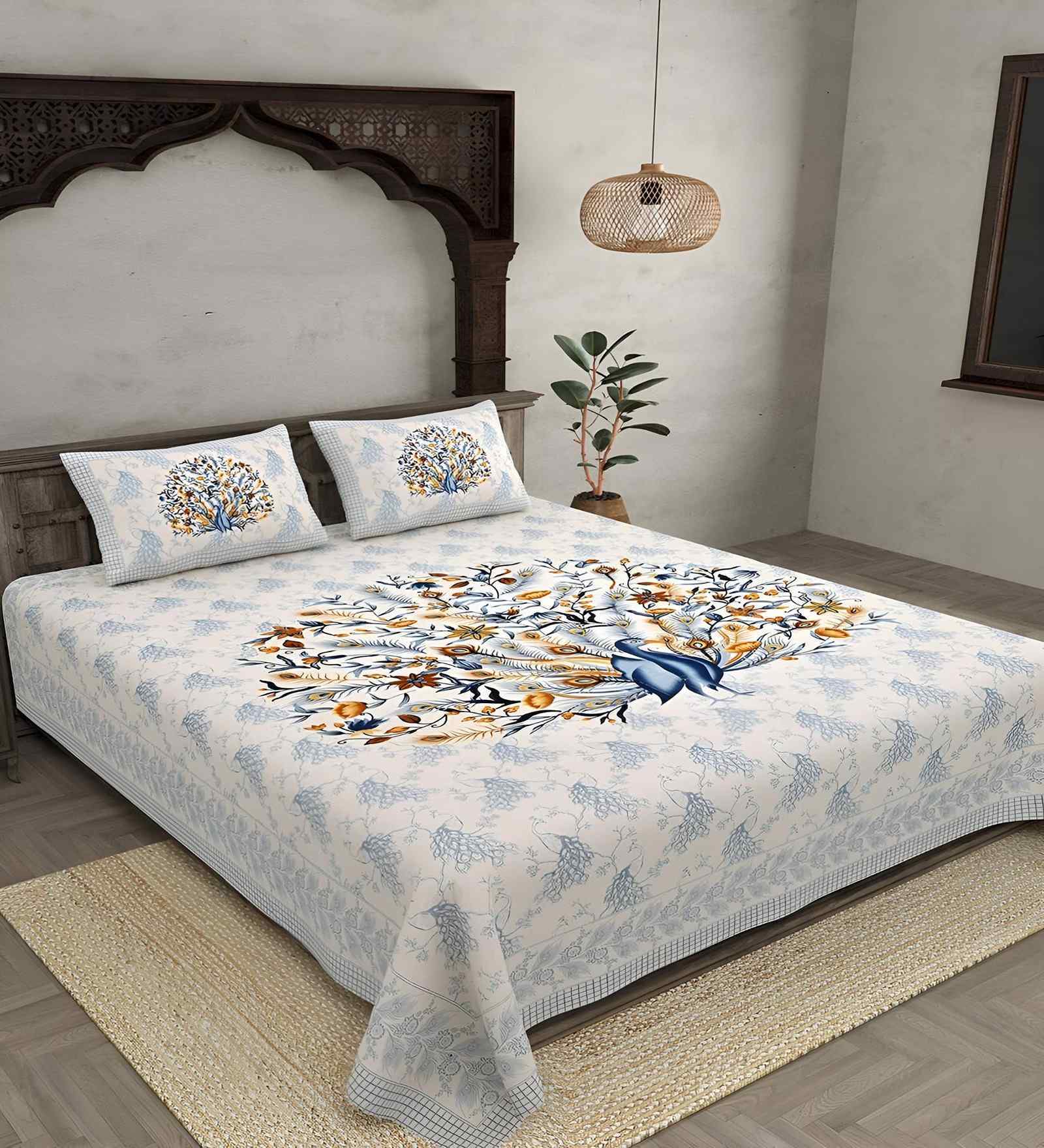 Beige Pecock 180 TC Cotton King Sized Bedsheet with 2 Pillow Covers