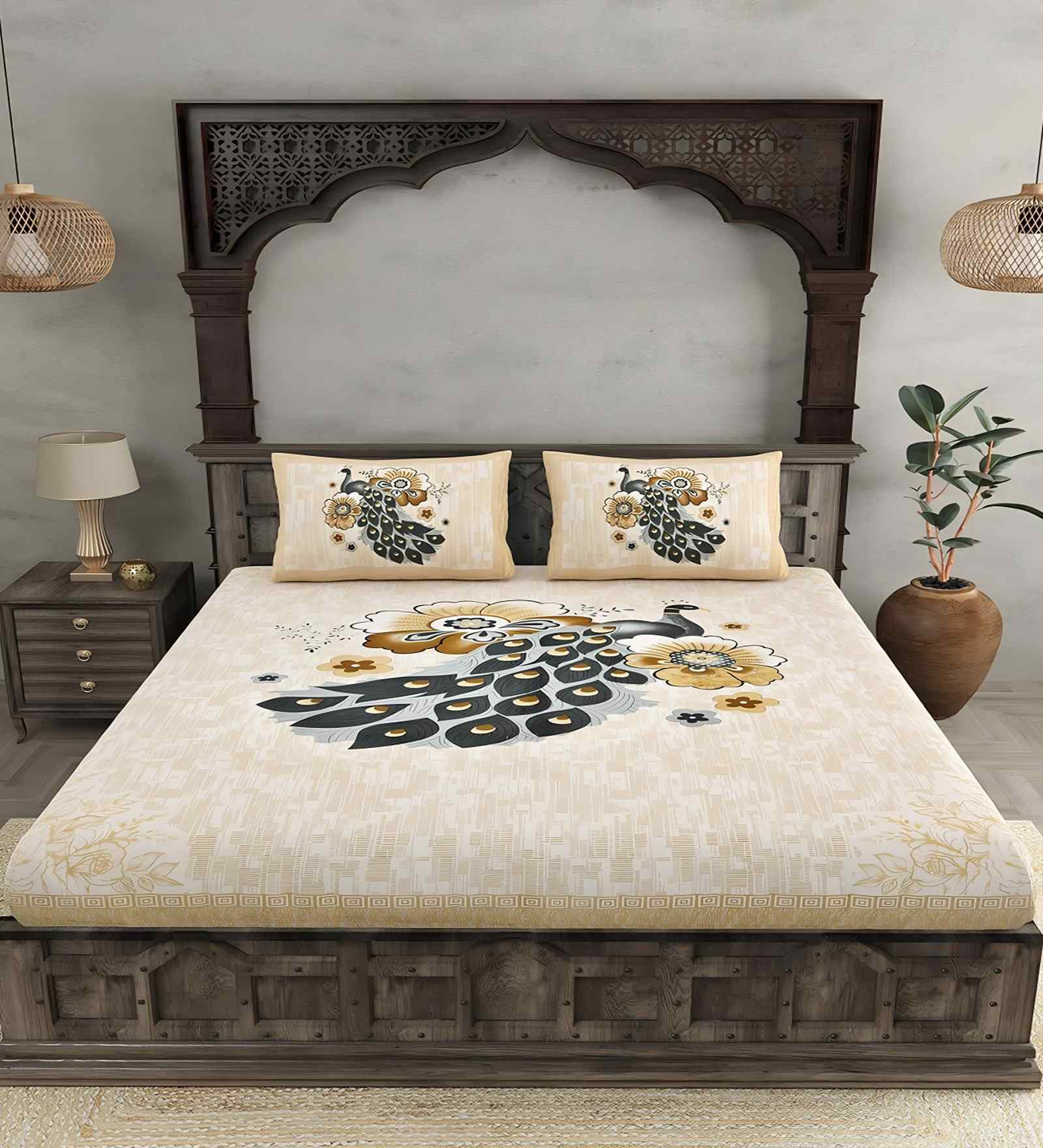 Multicolor Pecock 180 TC Cotton King Sized Bedsheet with 2 Pillow Covers
