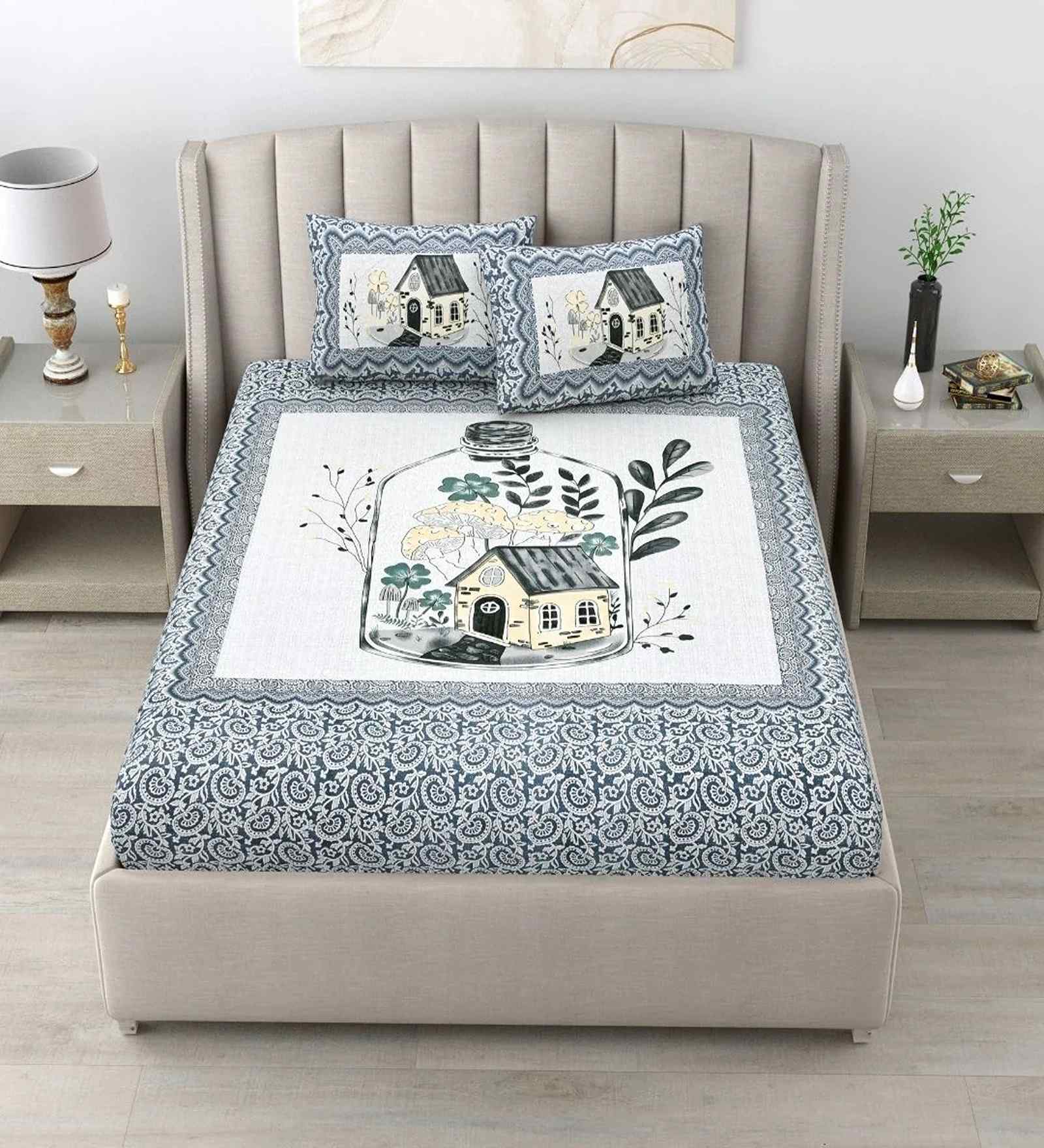 Blue Abstract 180 TC Cotton King Sized Bedsheet with 2 Pillow Covers