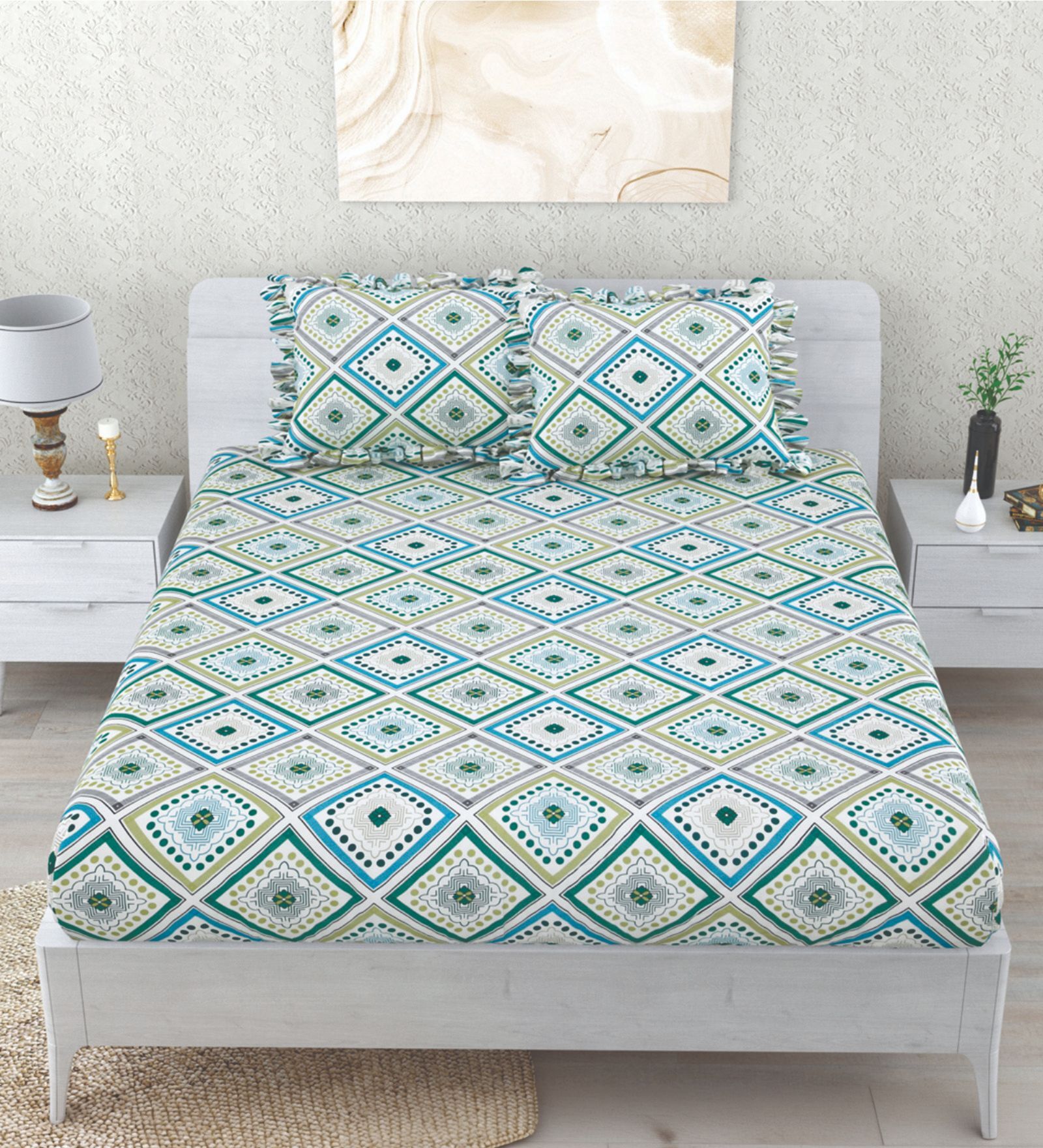 Blue Abstract 260 Tc Polycotton Double Fitted Bedsheet With 2 Pillow Covers