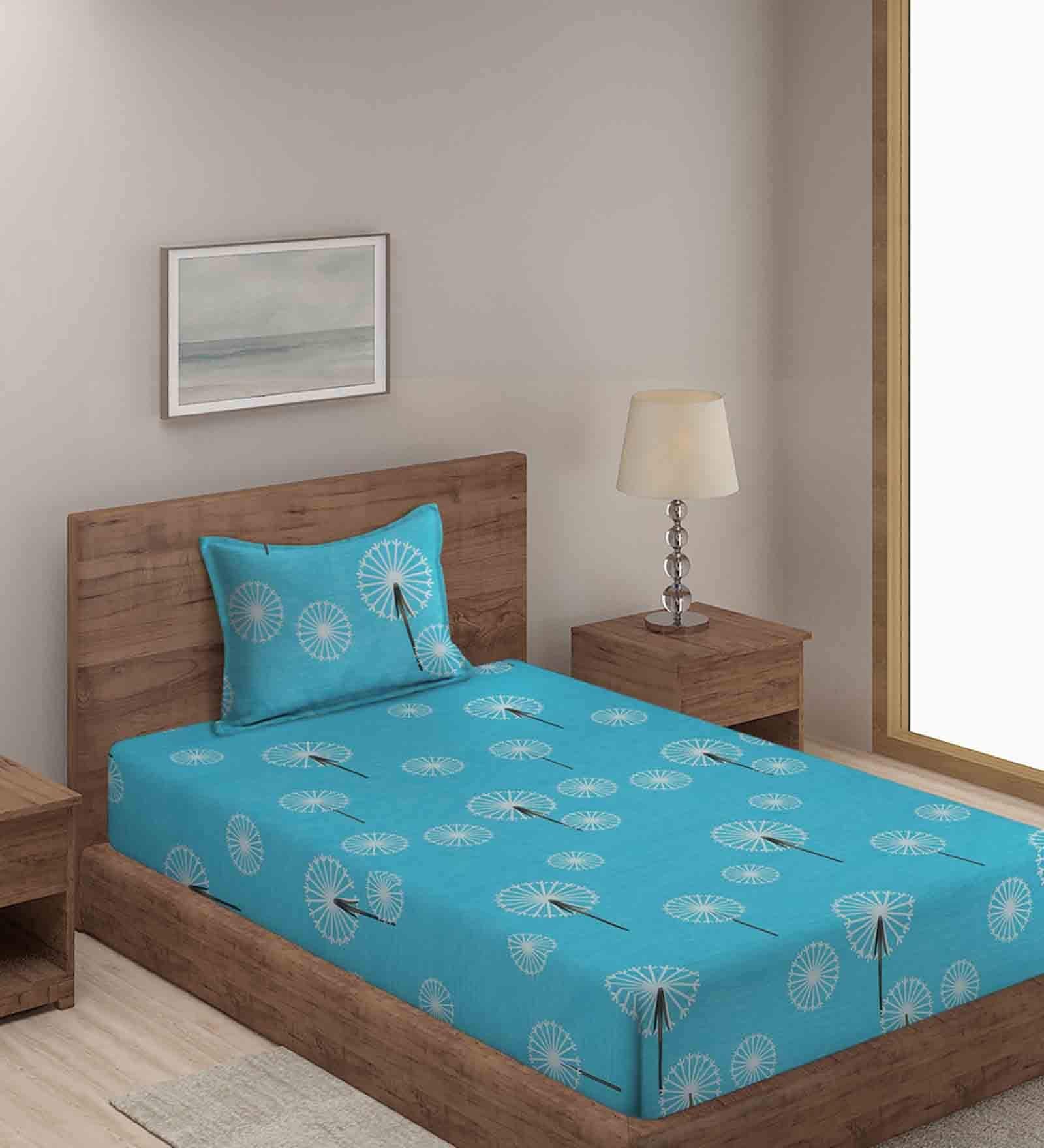 Blue Floral 280 TC Cotton Blend Single Bed Sized Bed Sheets With 1 Pillow Cover
