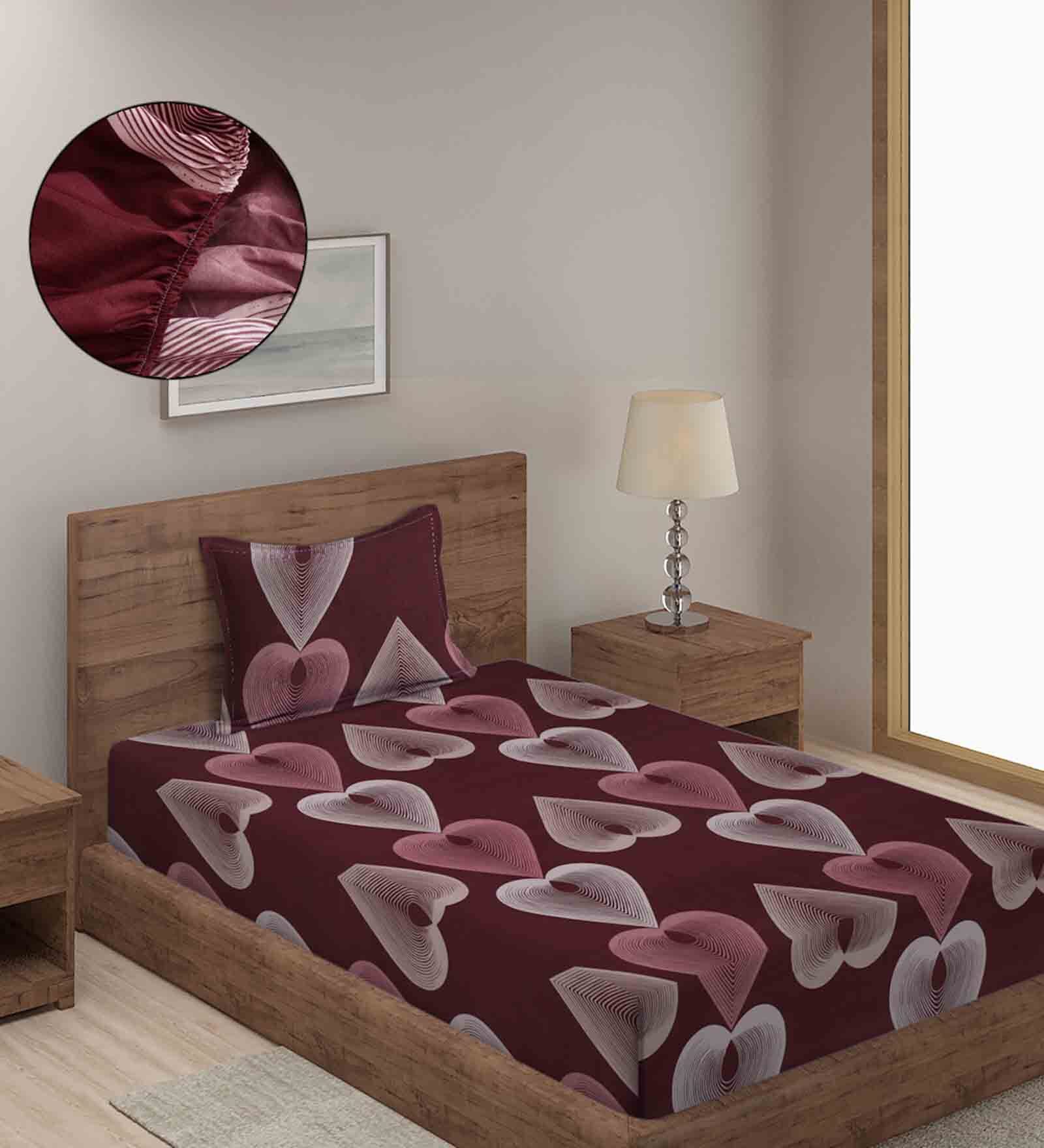 Maroon Abstract 280 TC Cotton Blend Single Bed Sized Fitted Bed Sheets with 1 Pillow Cover