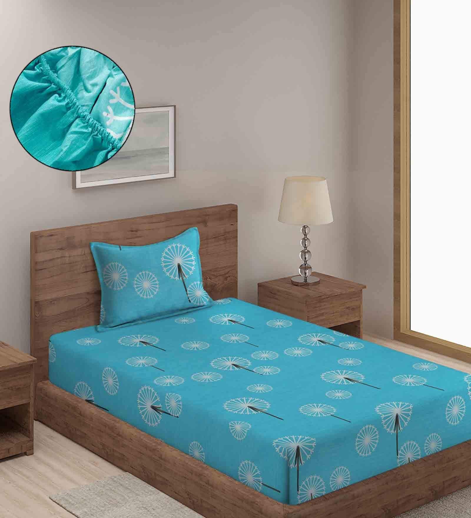 Blue Abstract 280 TC Cotton Blend Single Bed Sized Fitted Bed Sheets With 1 Pillow Cover