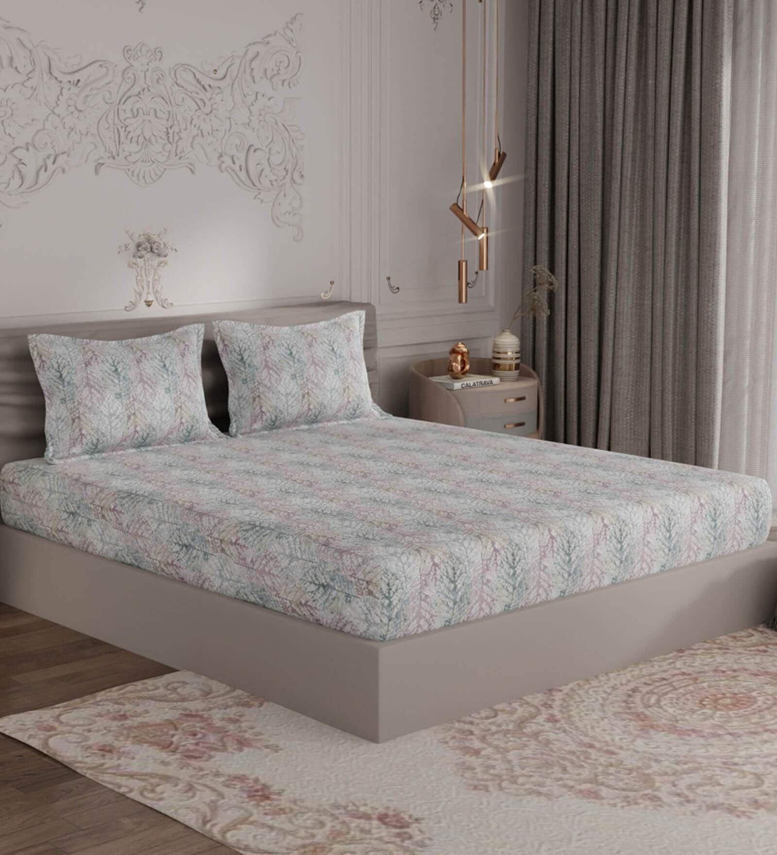 Multicolor Abstract 300 TC 100% Cotton King Sized Bedsheet With 2  Pillow Covers Amorous Collection