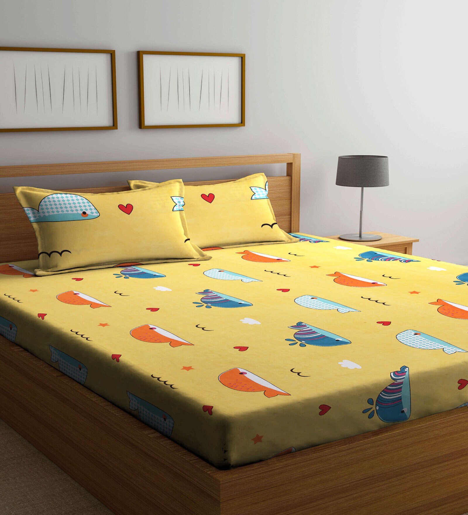 Yellow Abstract 300 TC Cotton Blend Double Bedsheet with 2 Pillow covers