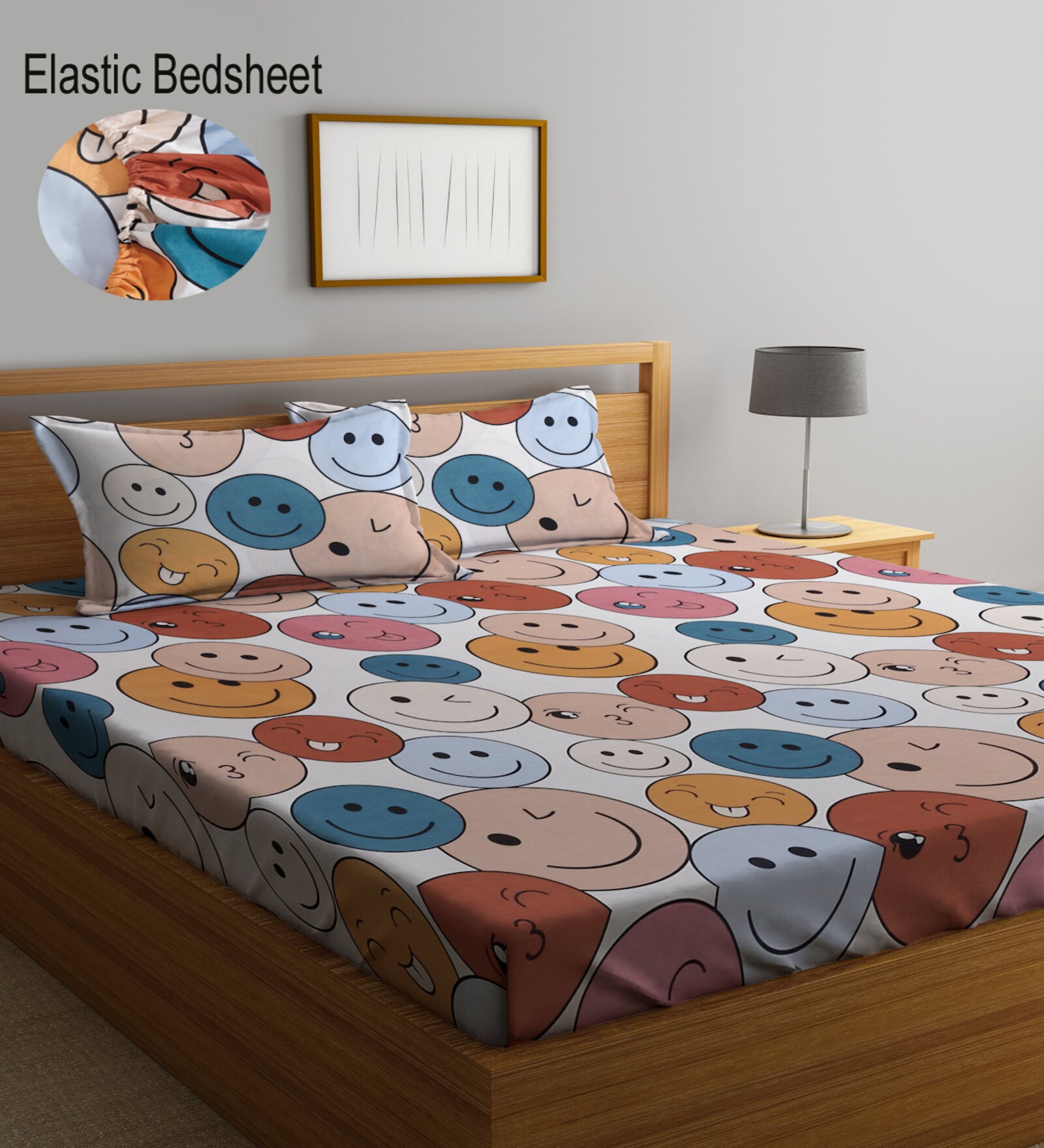 Multicolor Smiley 300 TC Cotton Blend Double Kids Fitted Bedsheet with 2 Pillow covers
