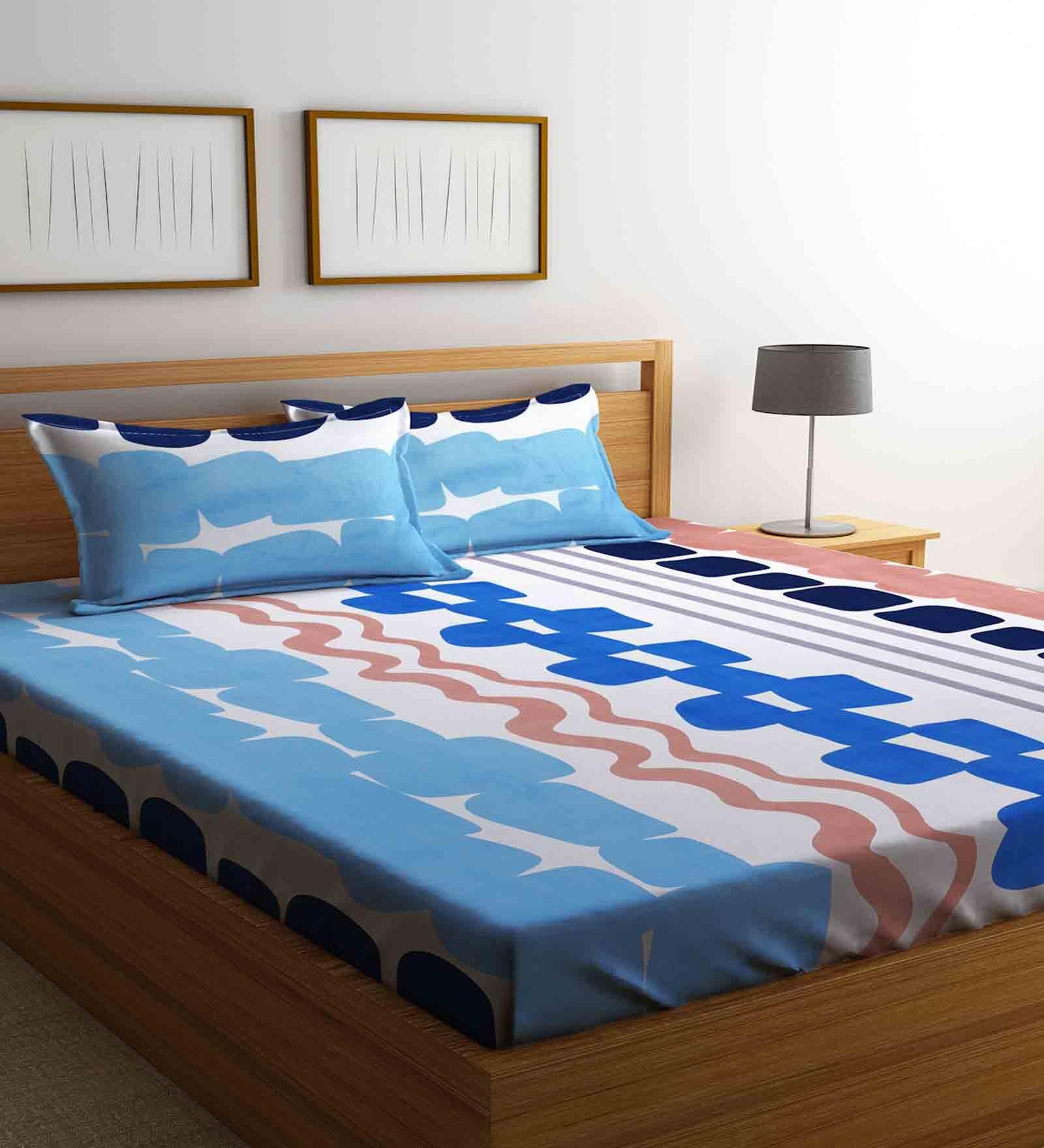 Blue Floral 300 Tc Cotton Blend King Sized Bed Sheets With 2 Pillow Covers