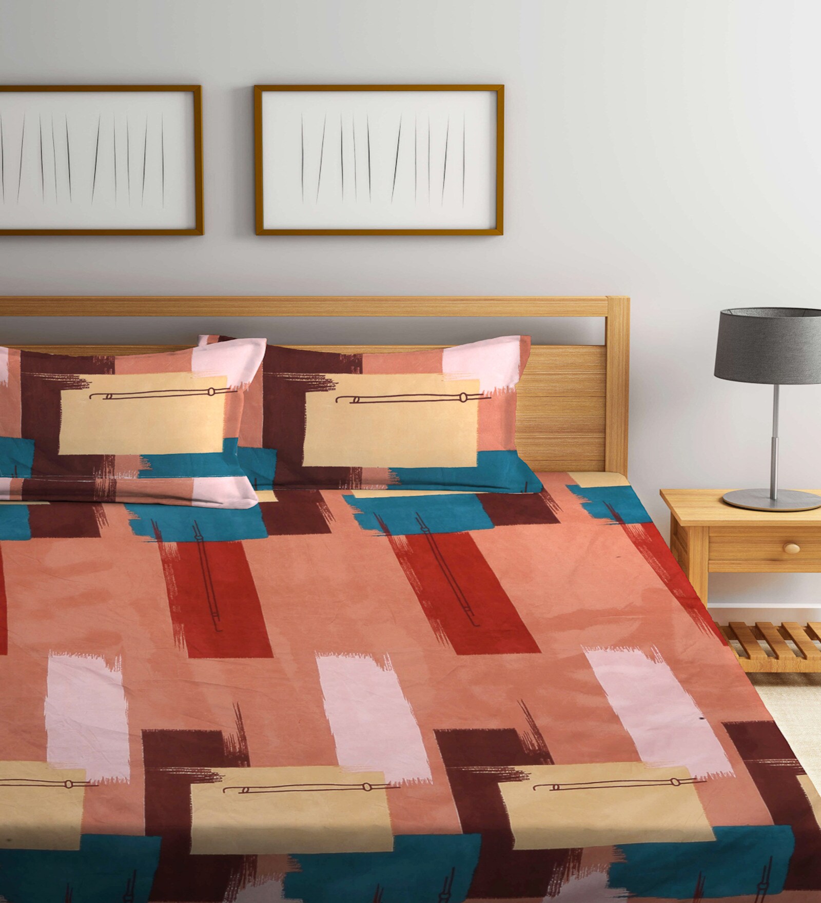 Multicolor Abstract 300 TC Cotton Blend Double King Sized Bedsheet With 2 Pillow Covers