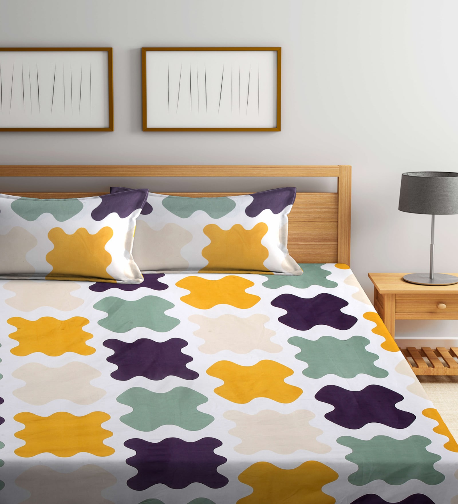 Multicolor Abstract 300 TC Cotton Blend Double King Sized Bedsheet With 2 Pillow Covers