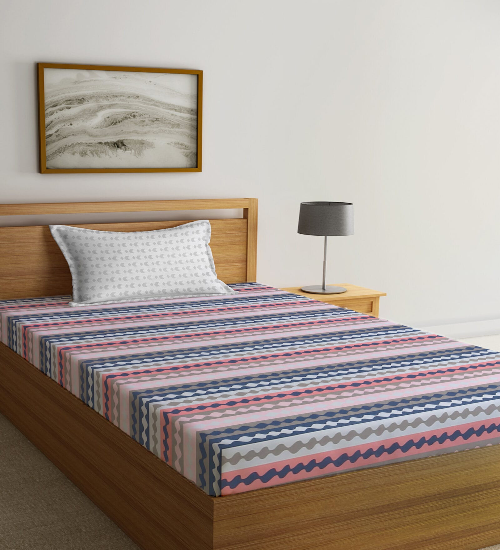 Multicolor Abstract 300 TC Cotton Fitted Single Bedsheet with 1 Pillow Cover