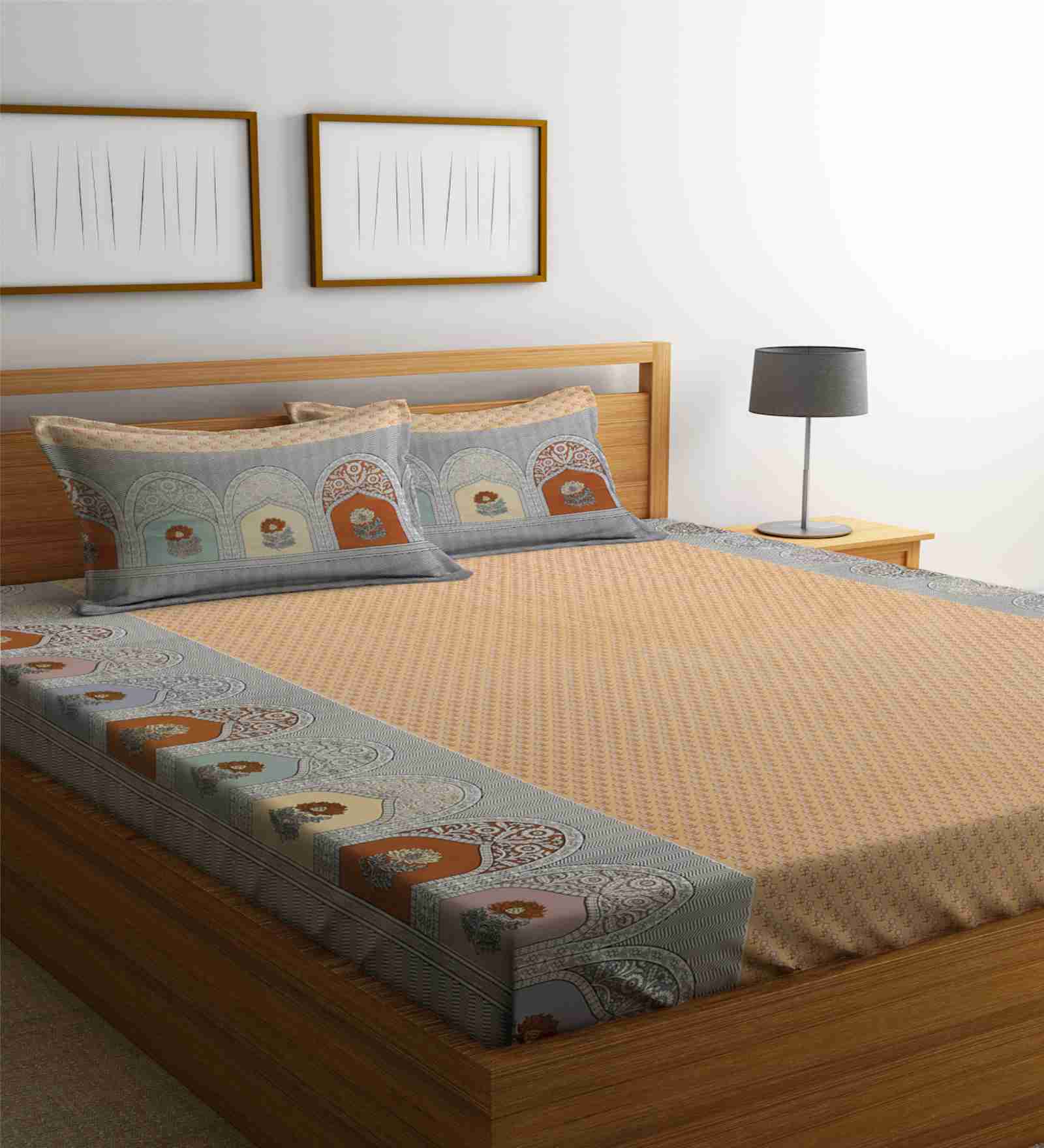 Orange and Grey Characters 300 TC 100% Cotton Double Size Bedsheet With 2 Pillow Covers