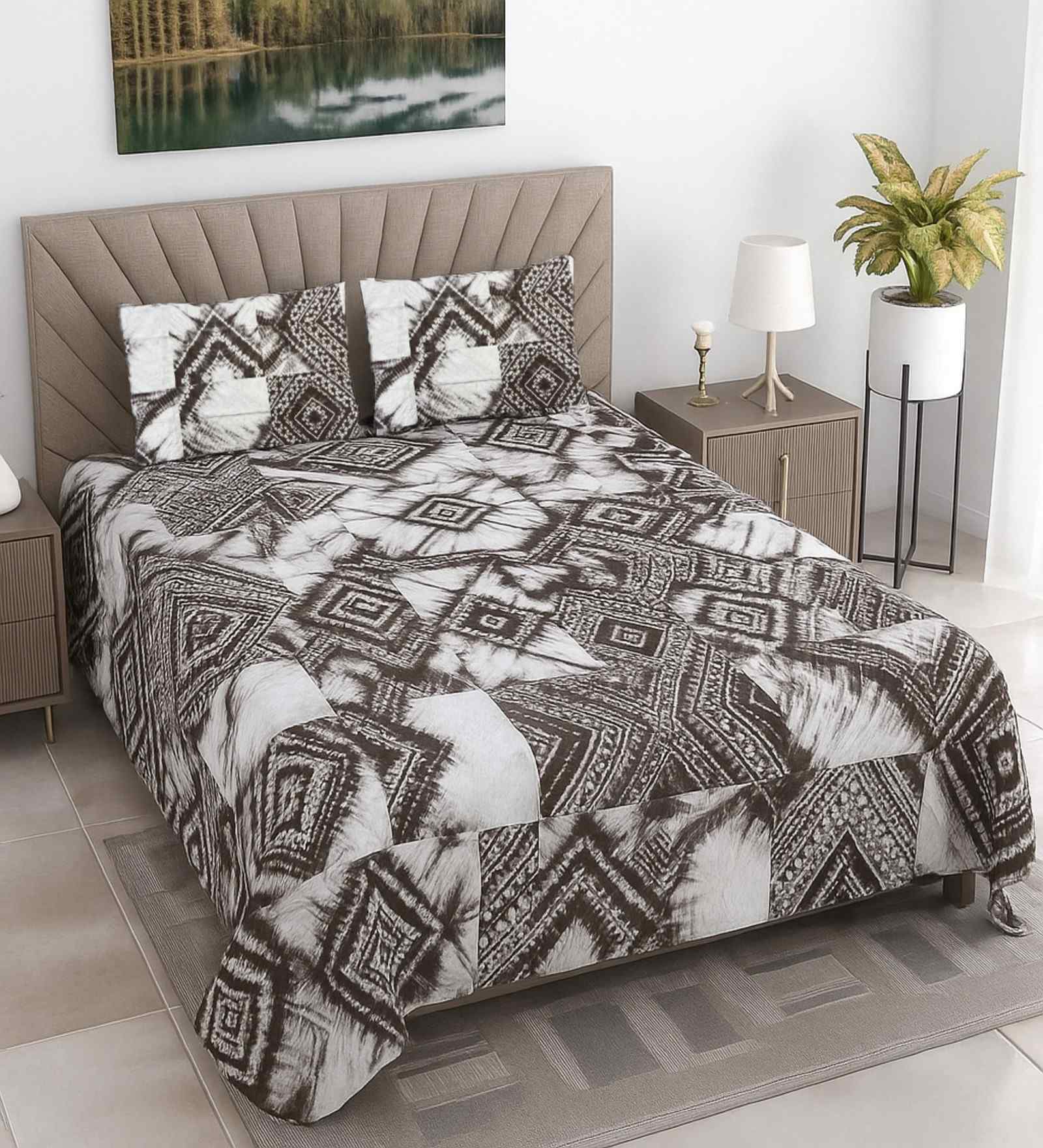 White & Coffee Abstract 400 TC Cotton Super King Flat Bedsheet with 2 Pillow Covers Essential Collection