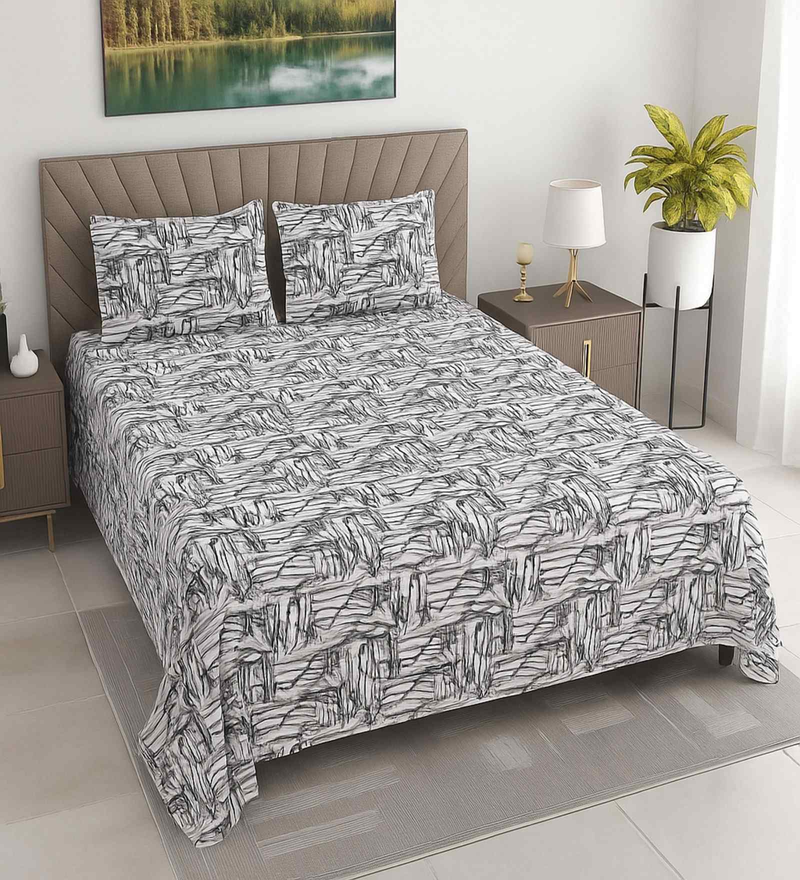 White Abstract 400 TC Cotton Super King Flat Bedsheet with 2 Pillow Covers Essential Collection