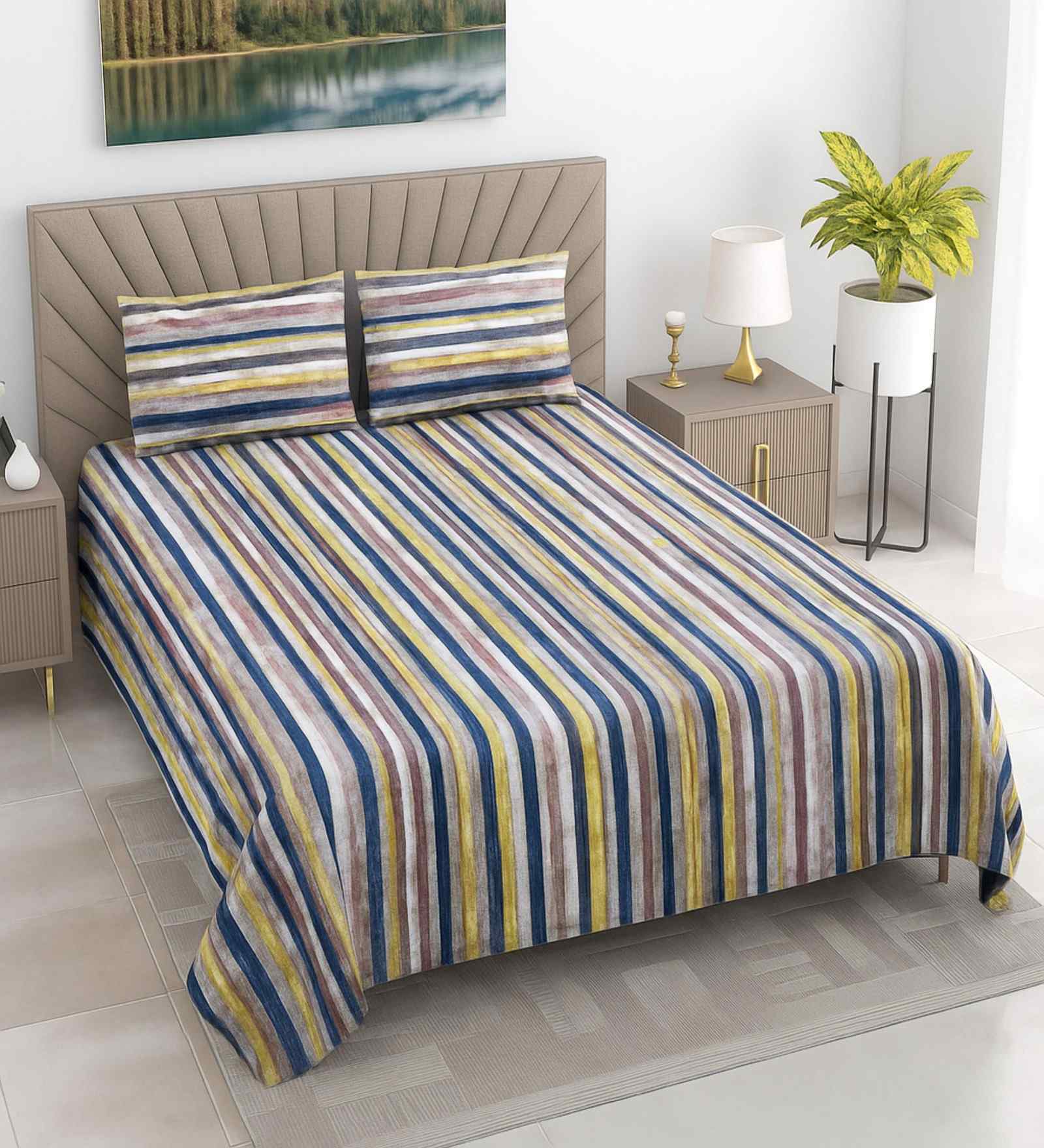 Multicolor Striped 400 TC Cotton Super King Flat Bedsheet with 2 Pillow Covers Essential Collection