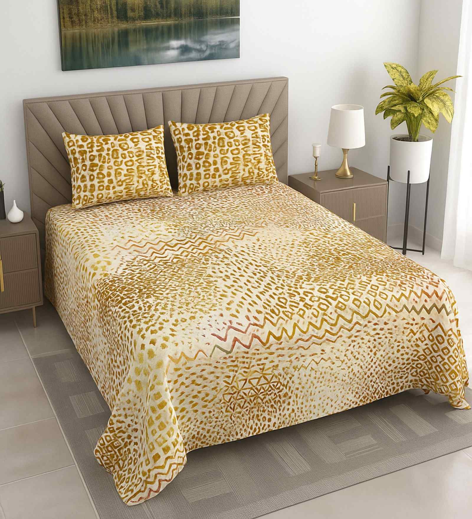 Multicolor Abstract 400 TC Cotton Super King Flat Bedsheet with 2 Pillow Covers Essential Collection