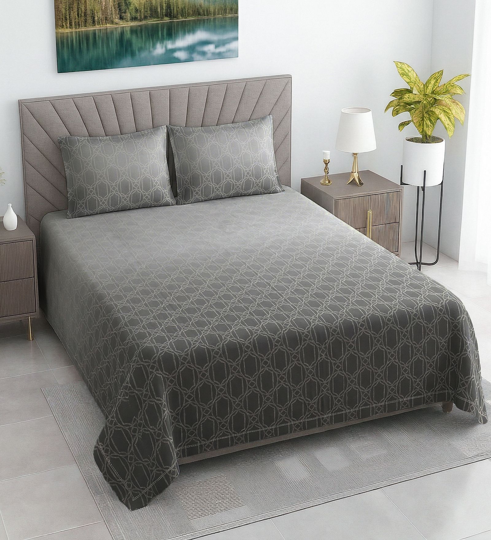 Grey Abstract 400 TC Cotton Superking Size Bedsheet With 2 Pillow Covers