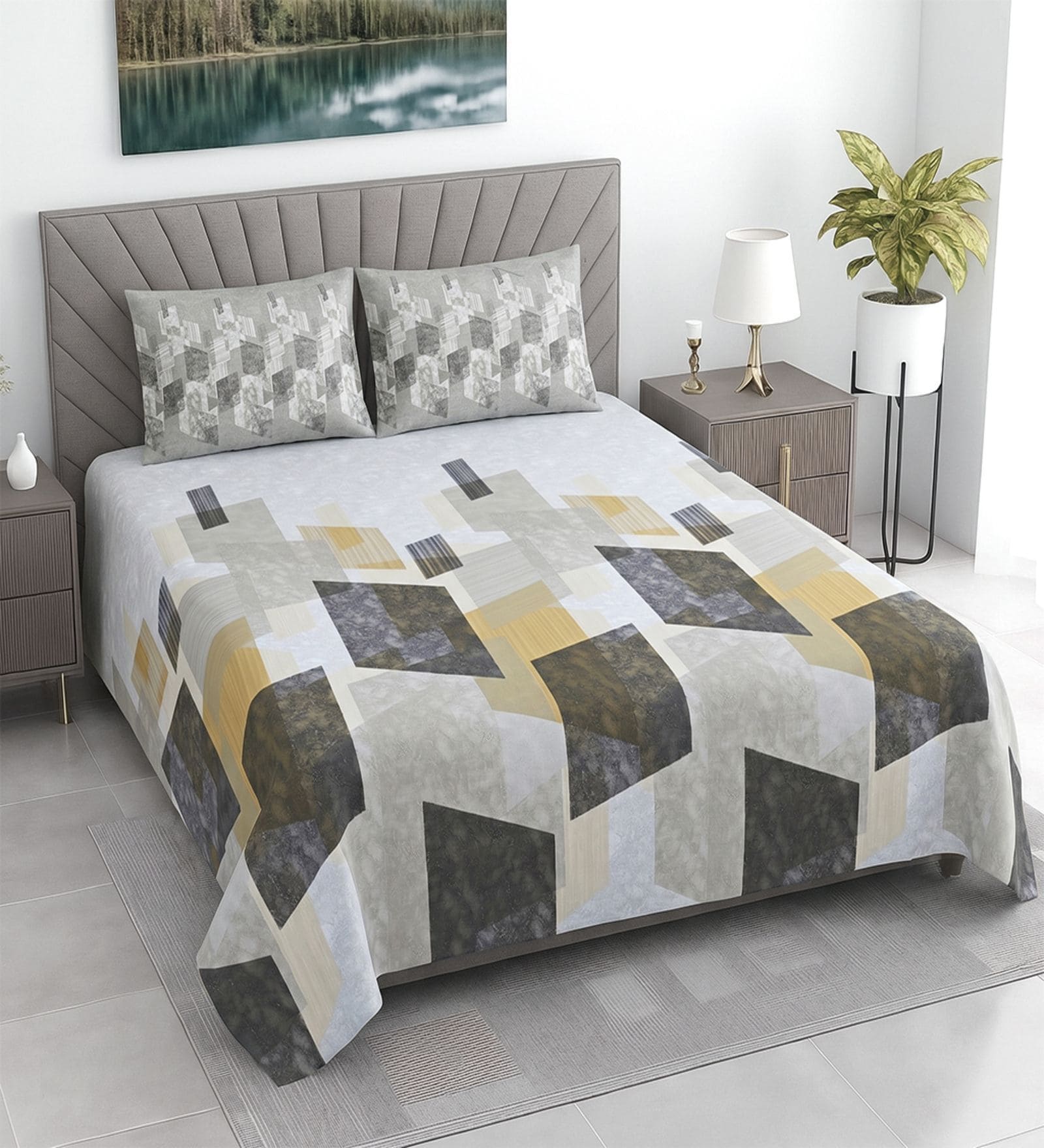 Grey Abstract 400 TC Cotton Superking Size Bedsheet With 2 Pillow Covers Threads Abstract Collection