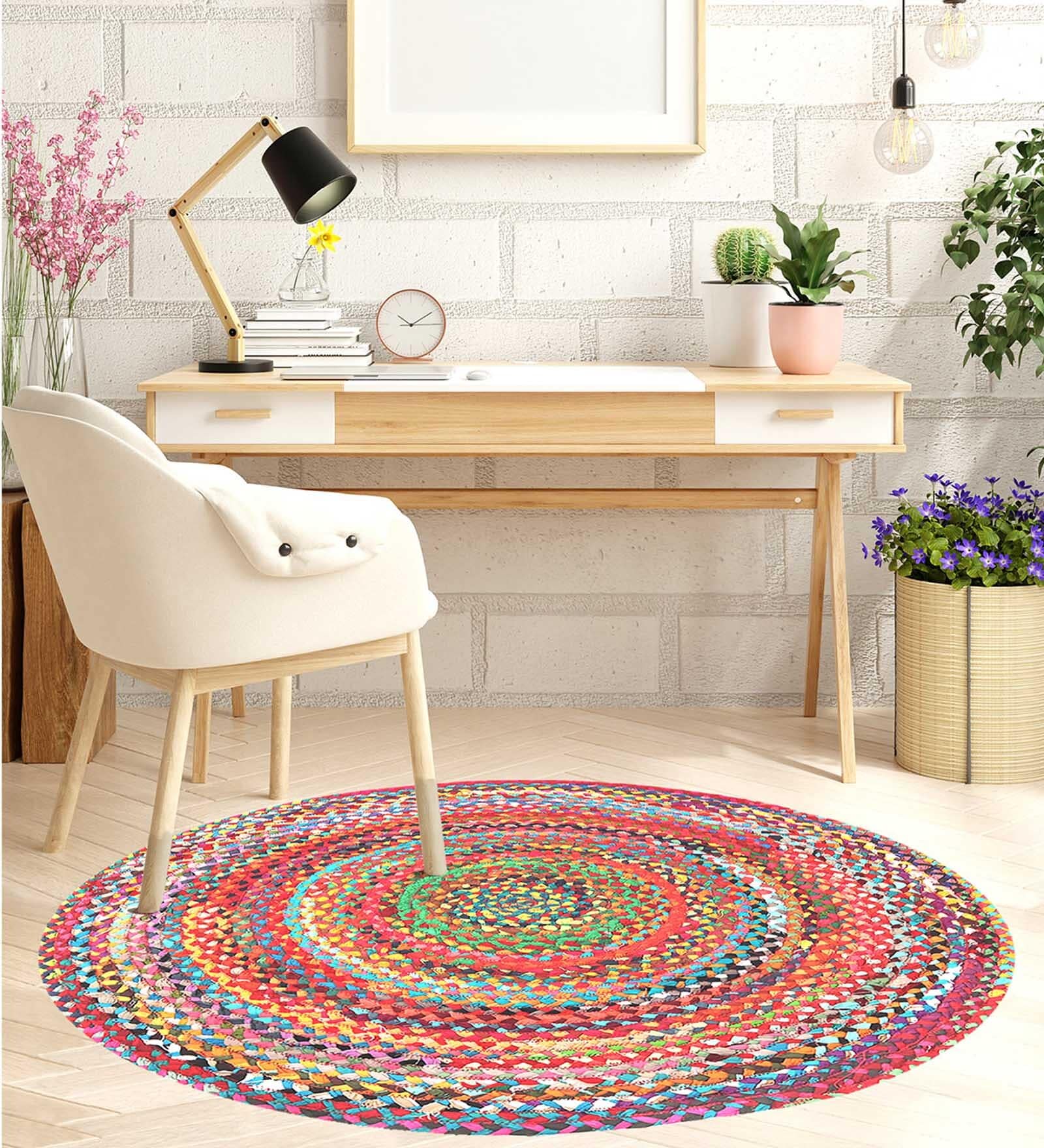 Multicolor Abstract Jute 4 ft x 4 ft Hand Woven Carpet